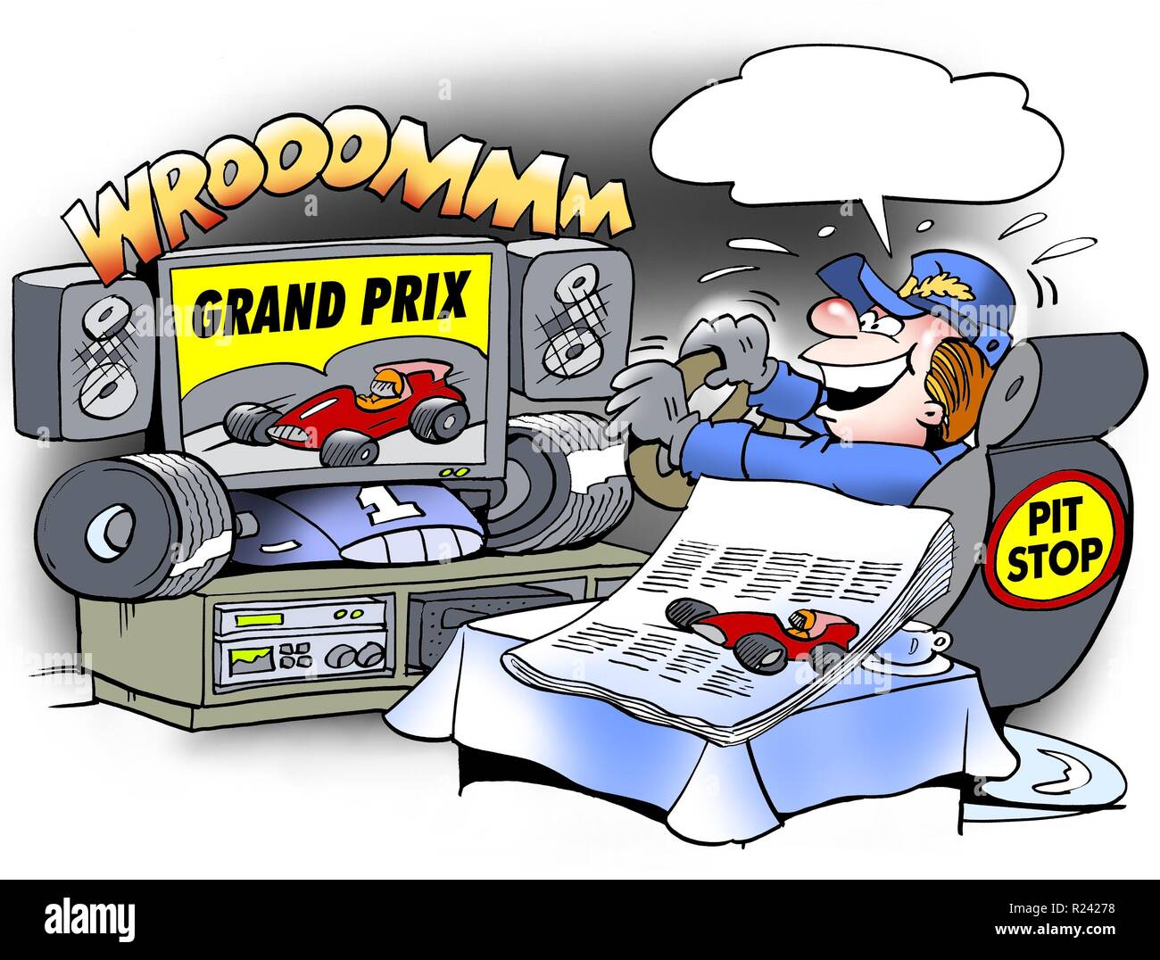 Mechanic watching motor sports television from his car seat Stock Photo