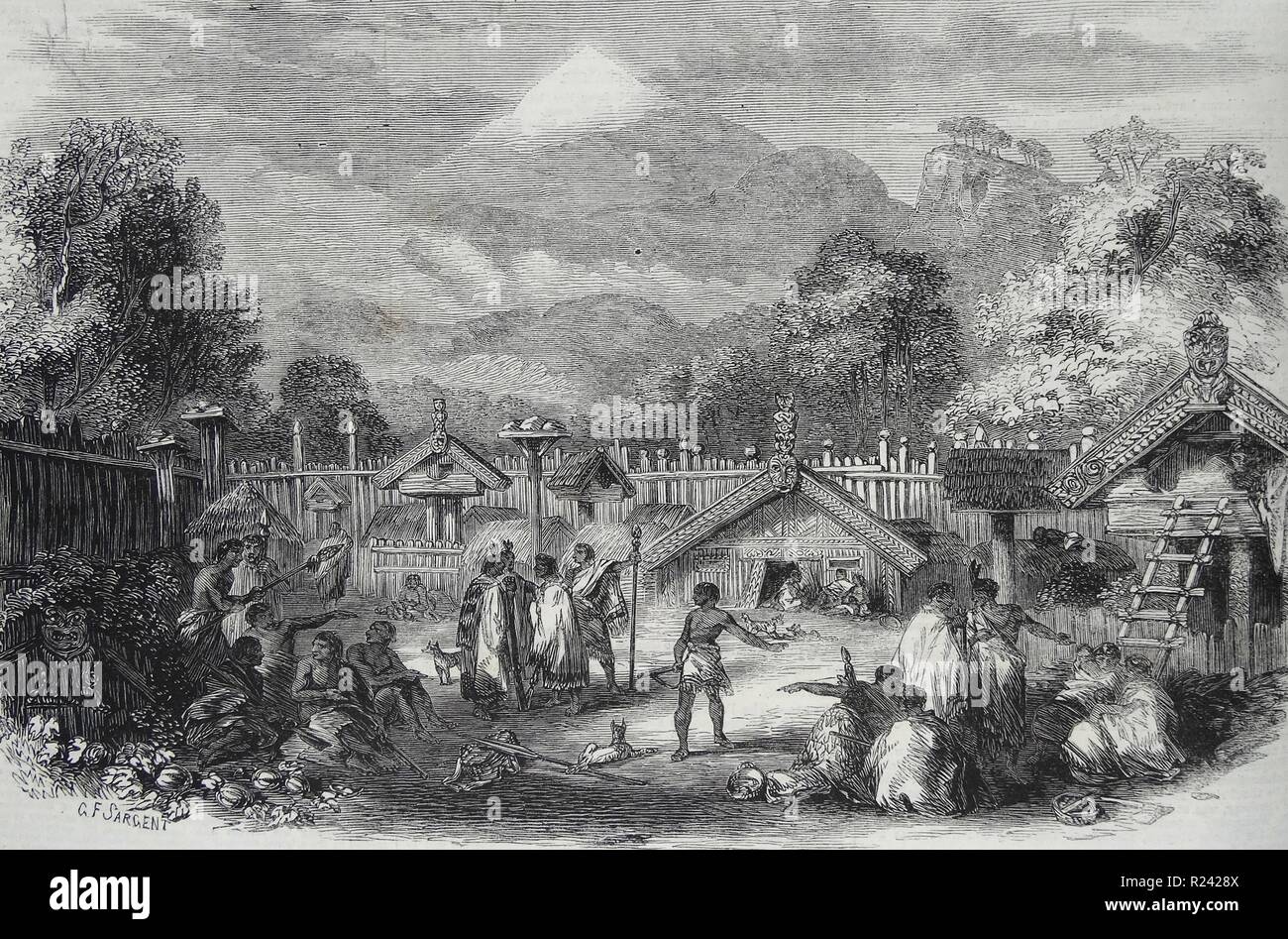 Engraving depicting a fortified village, known as a Pah, of the Natives in the Province of New Plymouth (Taranaki), New Zealand. Dated 1860 Stock Photo