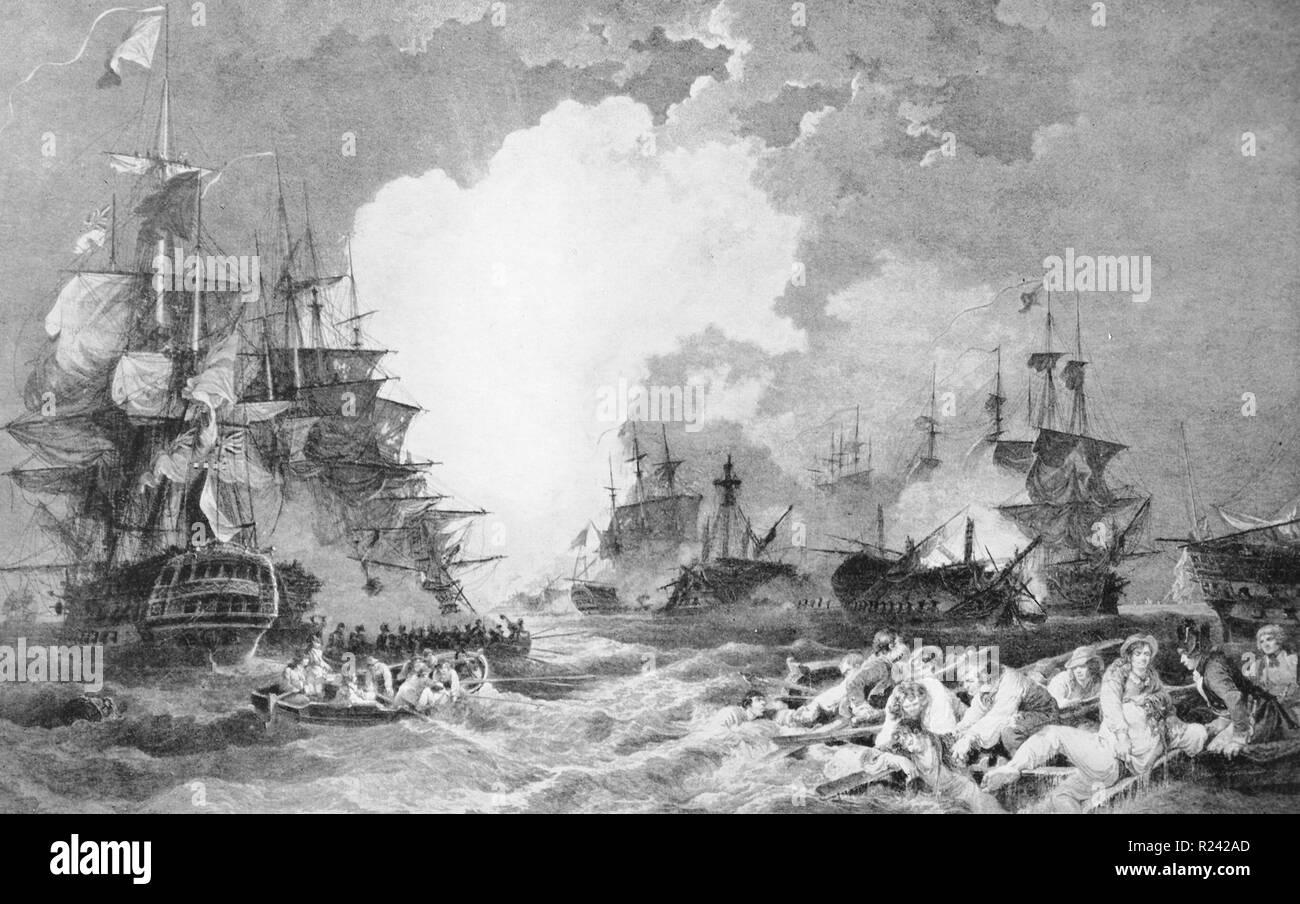 Line engraving depicting the Battle of the Nile and The Orient blowing up. Engraved by J Fittler. Dated 1798 Stock Photo