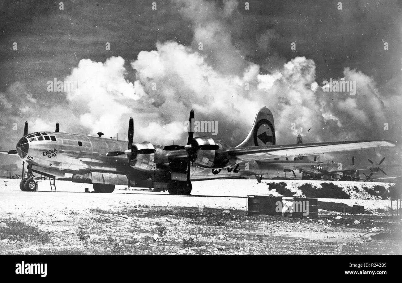 Enola Gay Boeing B-29 on 6 August 1945, during the final stages of World War II, became the first aircraft to drop an atomic bomb. The bomb, code-named 'Little Boy', was targeted at the city of Hiroshima, Japan Stock Photo