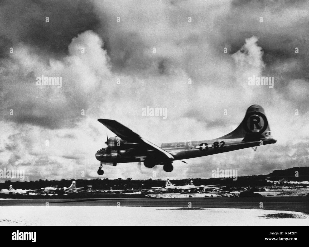 The Enola Gay, Boeing B-29 Superfortress bomber, named for Enola Gay Tibbets, the mother of the pilot, Colonel Paul Tibbets, On 6 August 1945, during the final stages of World War II, it became the first aircraft to drop an atomic bomb. The bomb, was targeted at the city of Hiroshima, Japan, Stock Photo