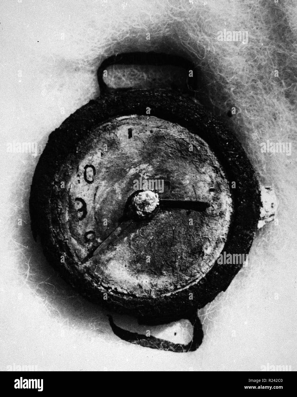 A watch stopped at 08:15 AM found in the wreckage of Hiroshima, Japan after the atomic bomb was dropped in World War Two Stock Photo