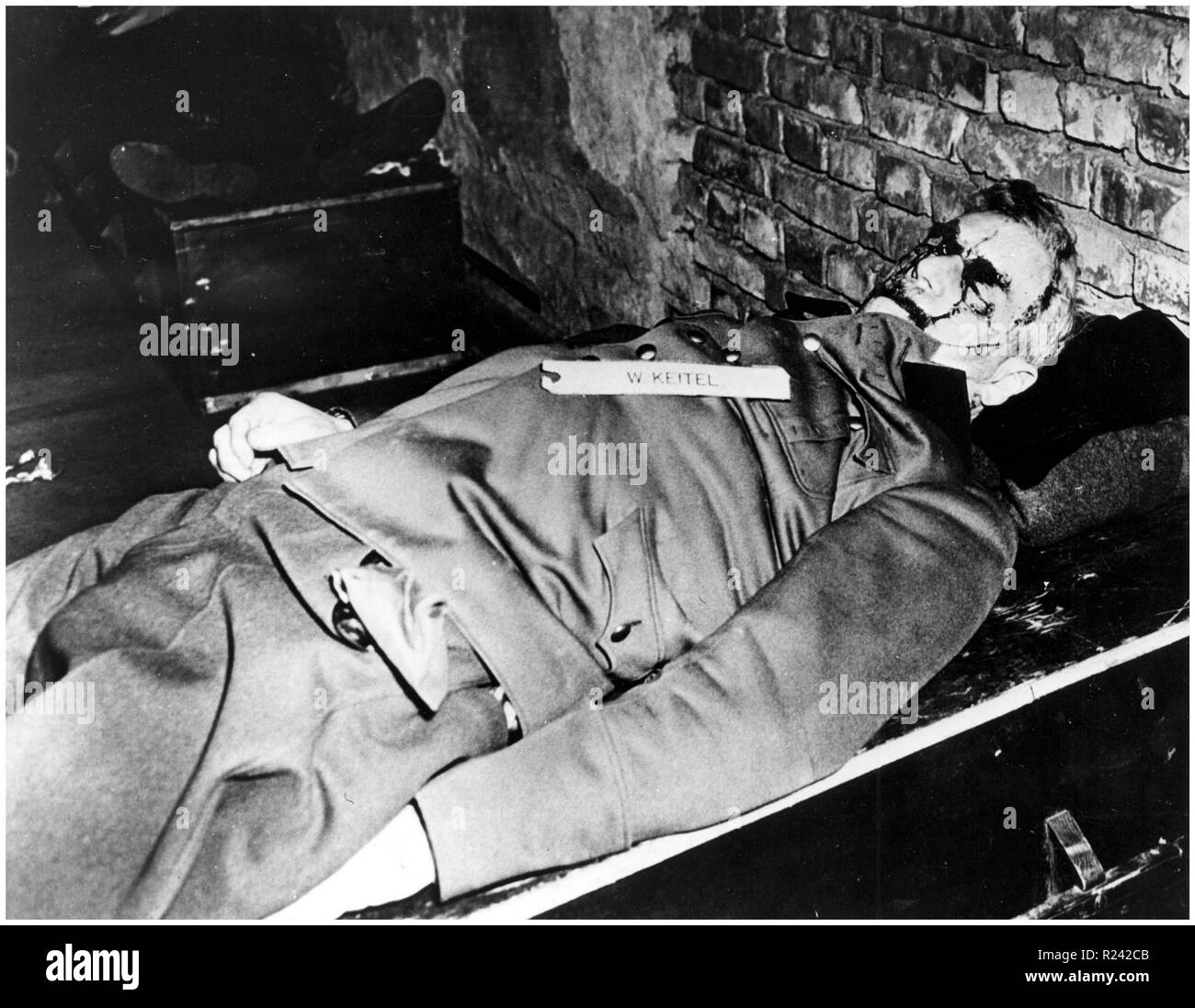 Wilhelm Bodewin Johann Gustav Keitel (22 September 1882 - 16 October 1946) German field marshal who served as chief of the Supreme High Command of the German Armed Forces for most of World War II. The facial blood stains seen in the photo of Keitel's corpse were due to the trapdoor being too small, causing him to suffer head injuries during his hanging Stock Photo