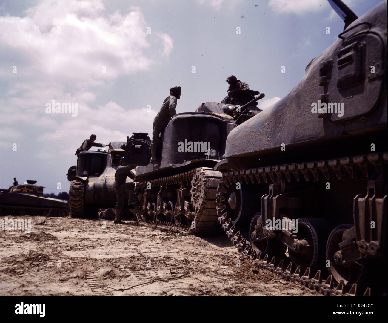 Colour photograph of an M-3 and M-4 tank company at Bivouac, Fort Knox, Kentucky. Photographed by Alfred T. Palmer. Dated 1942 Stock Photo