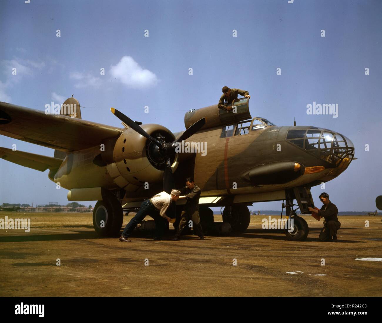 Colour photograph of the servicing of an A-20 bomber, Langley Field, Virginia. Photographed by Alfred T. Palmer. Dated 1942 Stock Photo