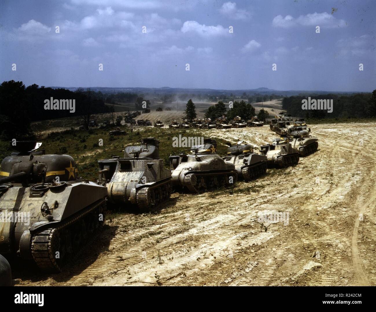 Colour photograph of an M-4 Tank line in Ft Knox. Photographed by Alfred T. Palmer. Dated 1942 Stock Photo