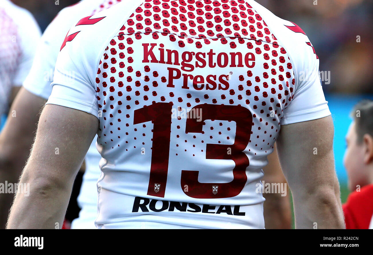 Close up of the England's poppy design shirt featured in the match Stock Photo