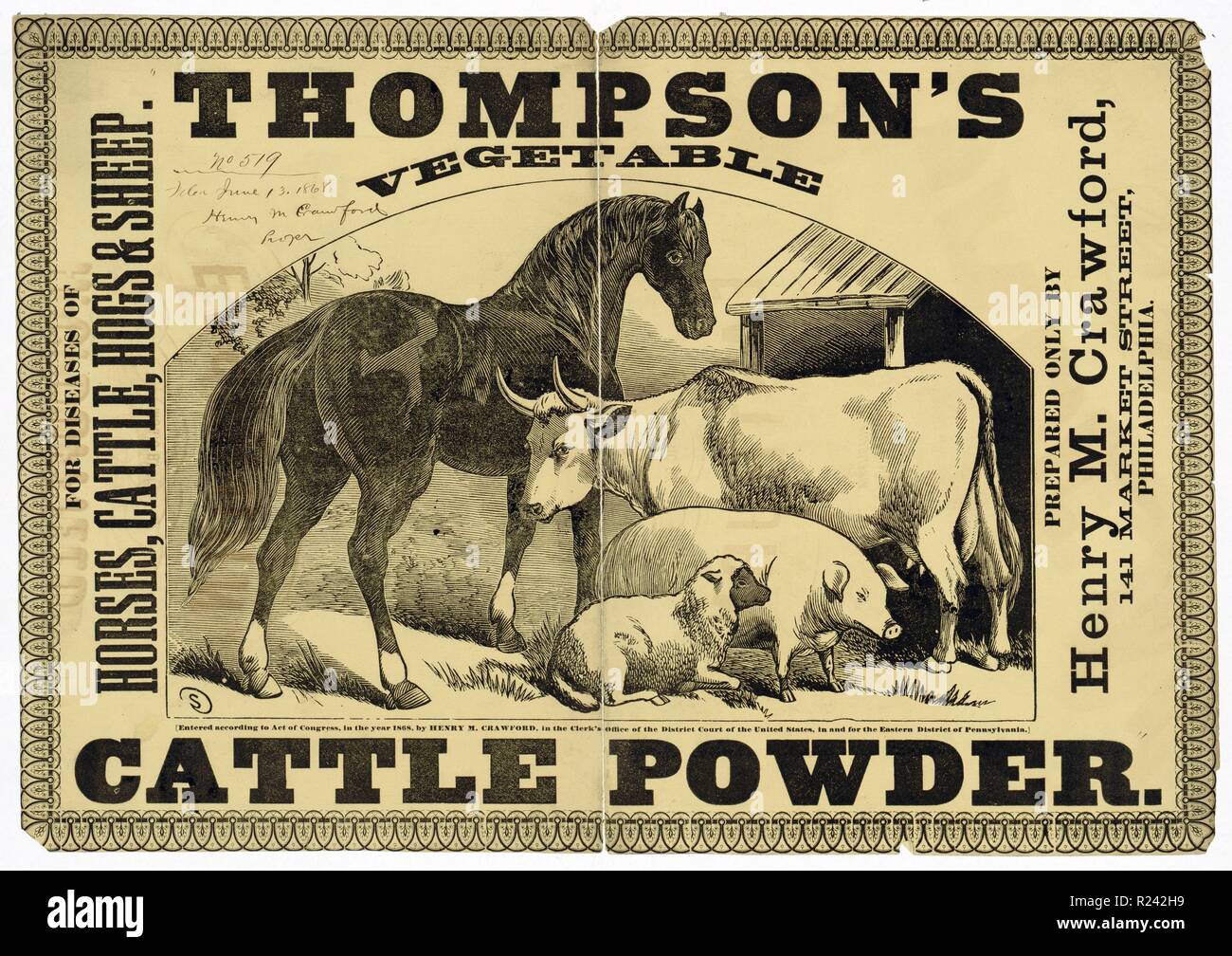 Cattl disease animal cattle hogs sheep horse 19th century advert hires