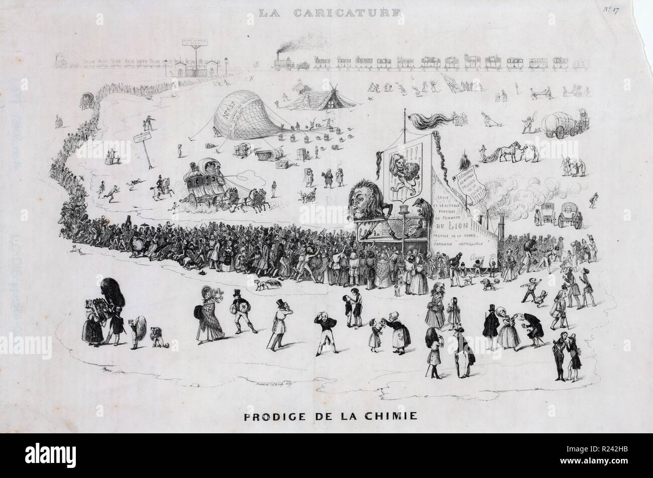 French cartoon shows a long line of people, with more arriving by stagecoach and railroad, at a medicine show where a quack with a lion's head, the 'Prodige de la chimie,' is marketing his hair tonic 'De pommade du lion.' In the centre, a balloon 'Envoi de pommade aux habitants de la lune' is being inflated. 1839 Stock Photo