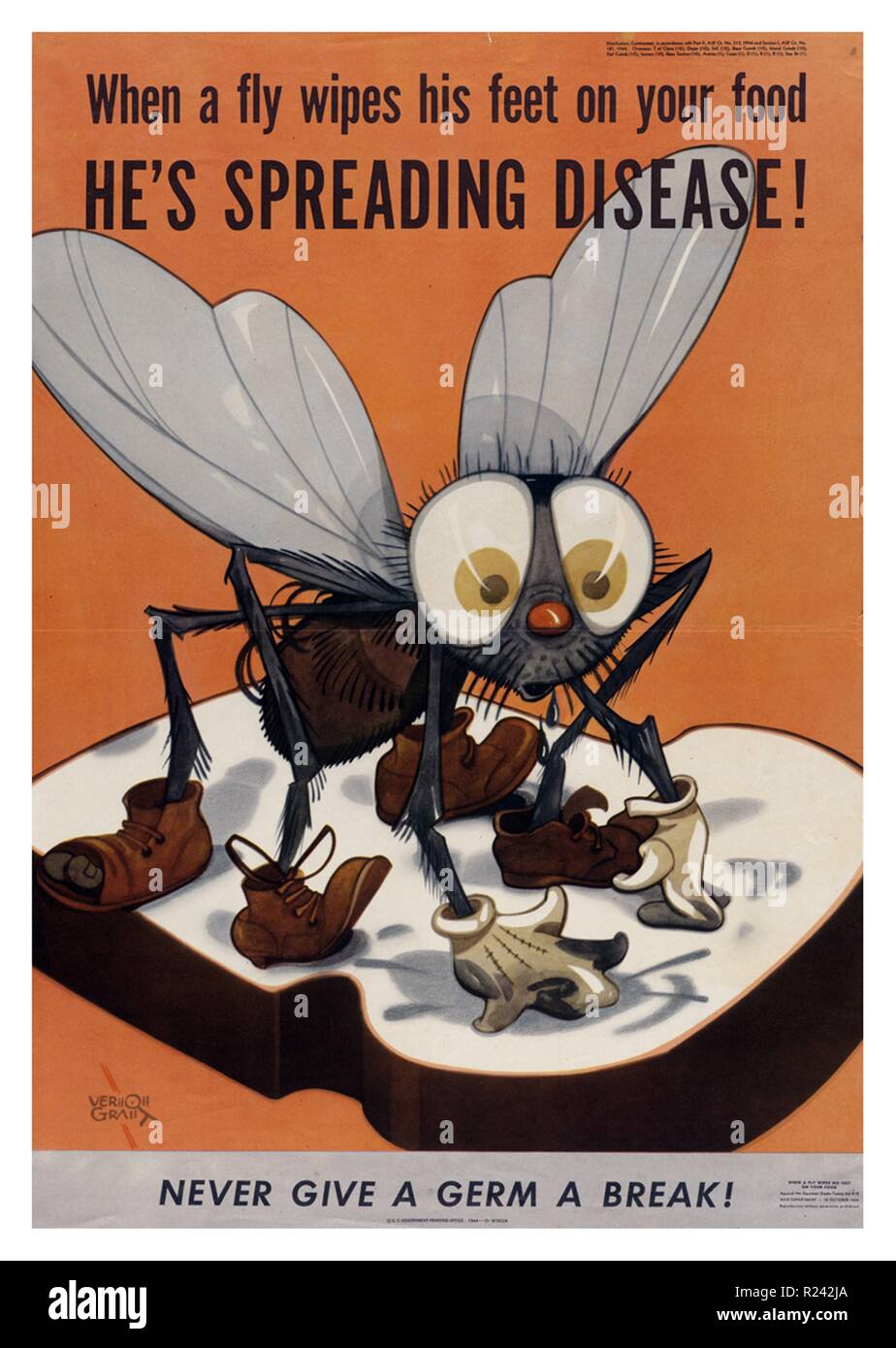 When a fly wipes his feet on your food, he's spreading disease!War Department, U.S. Government Printing Office, United States, 1944 During the war, anti-fly health campaigns linked the insects to outbreaks of dysentery and other infectious diseases. The caption below reads: iNever give a germ a break Stock Photo