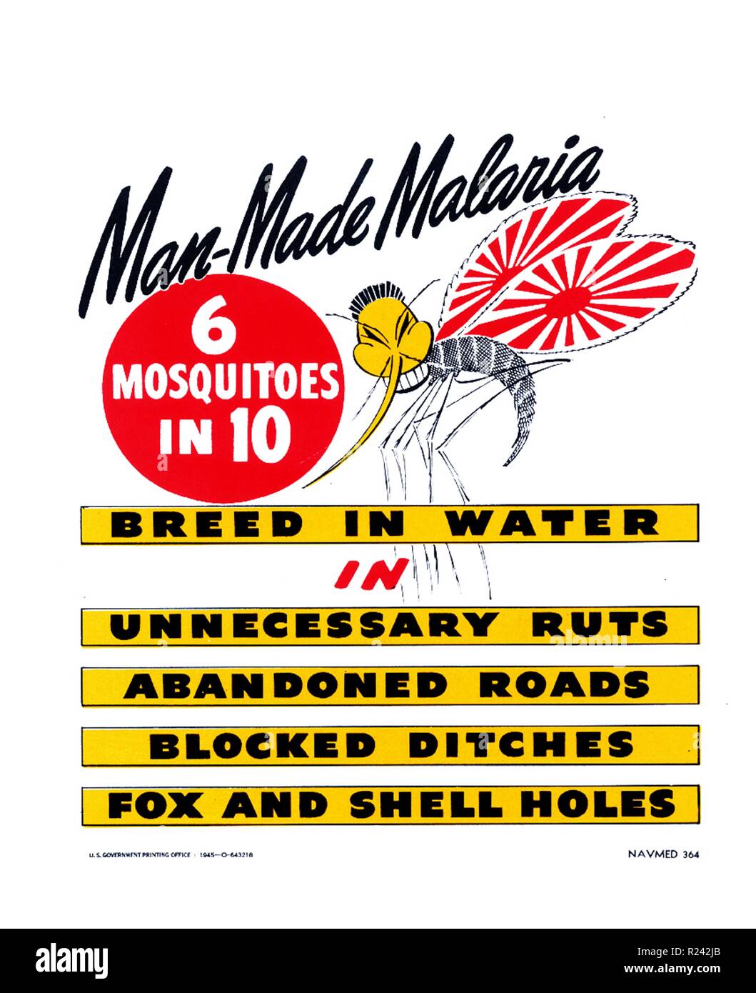 Man-Made Malaria. 6 mosquitoes in 10 breed in water in unnecessary ruts, abandoned roads, blocked ditches, fox and shell holes. U.S. Navy, Bureau of Medicine & Surgery, U.S. Government Printing Office, United States, 1945 War-time U.S. military health campaigns often conflated the Japanese enemy with disease-carrying flies and mosquitoes. Here, an anopheles mosquito is given the stereotypical features of the Japanese enemy and has the rising sun of the Japanese imperial flag Stock Photo