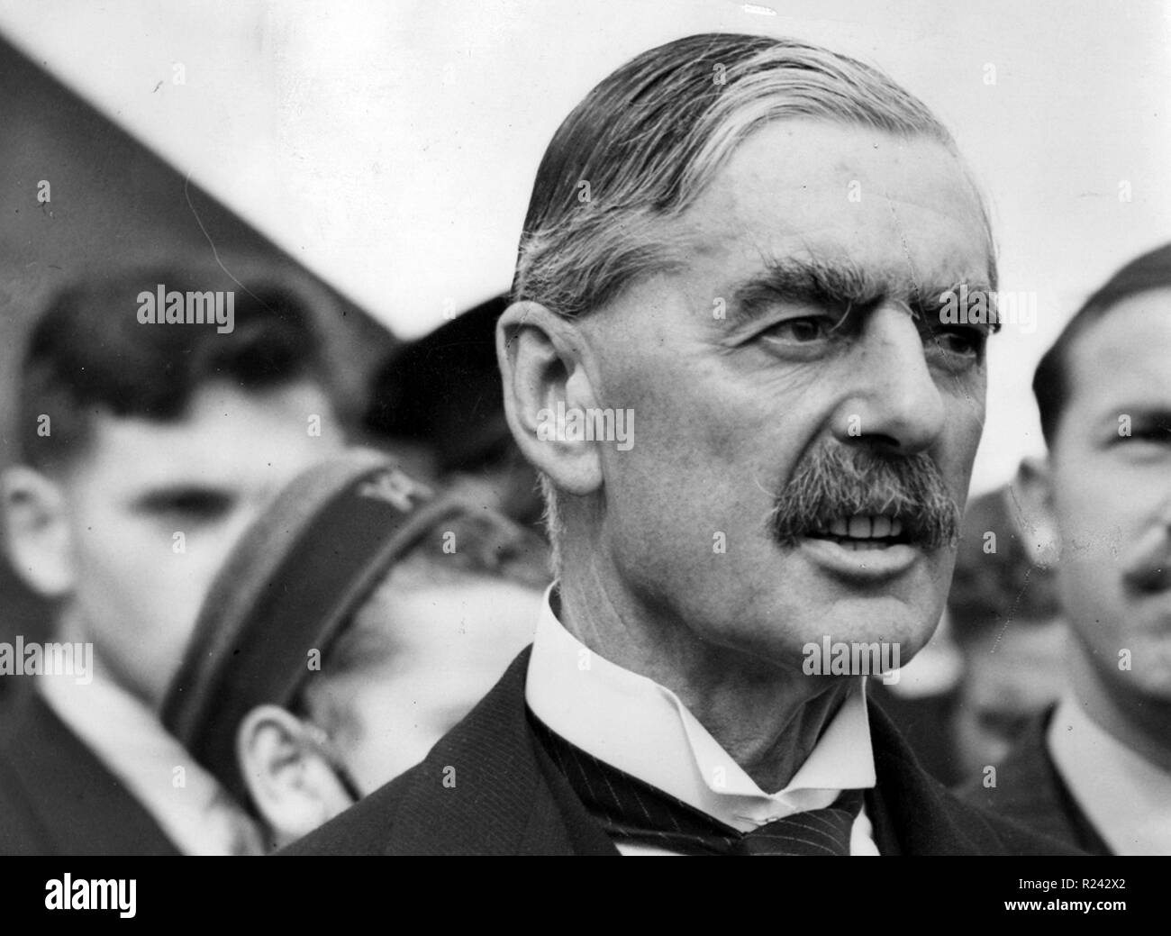 British Prime minister Neville Chamberlain returns to England in 1938 from talks with Hitler at Munich Stock Photo