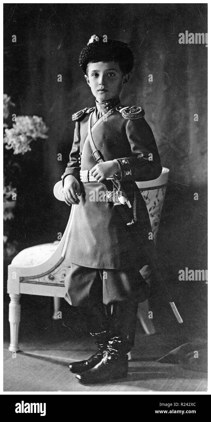 Tsarevich Alexei Nikolayevich Alexis Romanov (1904-1918) the Tsarevich and heir apparent to the throne of the Russian Empire. He was the youngest child and only son of Emperor Nicholas II and Empress Alexandra Fedorovna. Dated 1912 Stock Photo