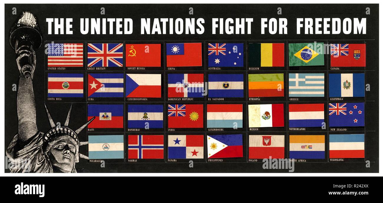 World War Two American propaganda poster US Army 1942. 'The United Nations Fight for Freedom' The flags of the allies against Japan, Germany and Italy Stock Photo