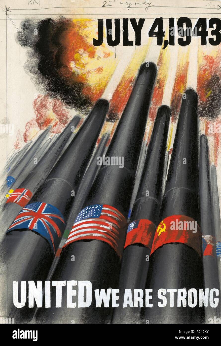 World War Two American propaganda poster US Army. 'United We are Strong' allies against Japan, Germany and Italy 1943 Stock Photo