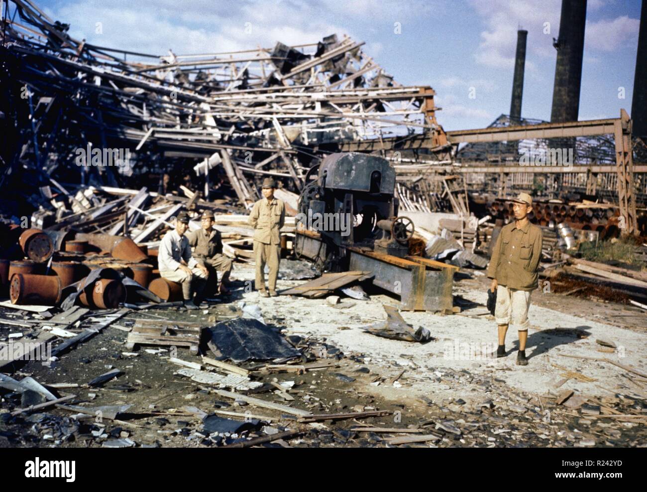August 1945 damage from the atomic bombing of the Japanese City of Nagasaki at the end of world war two Stock Photo