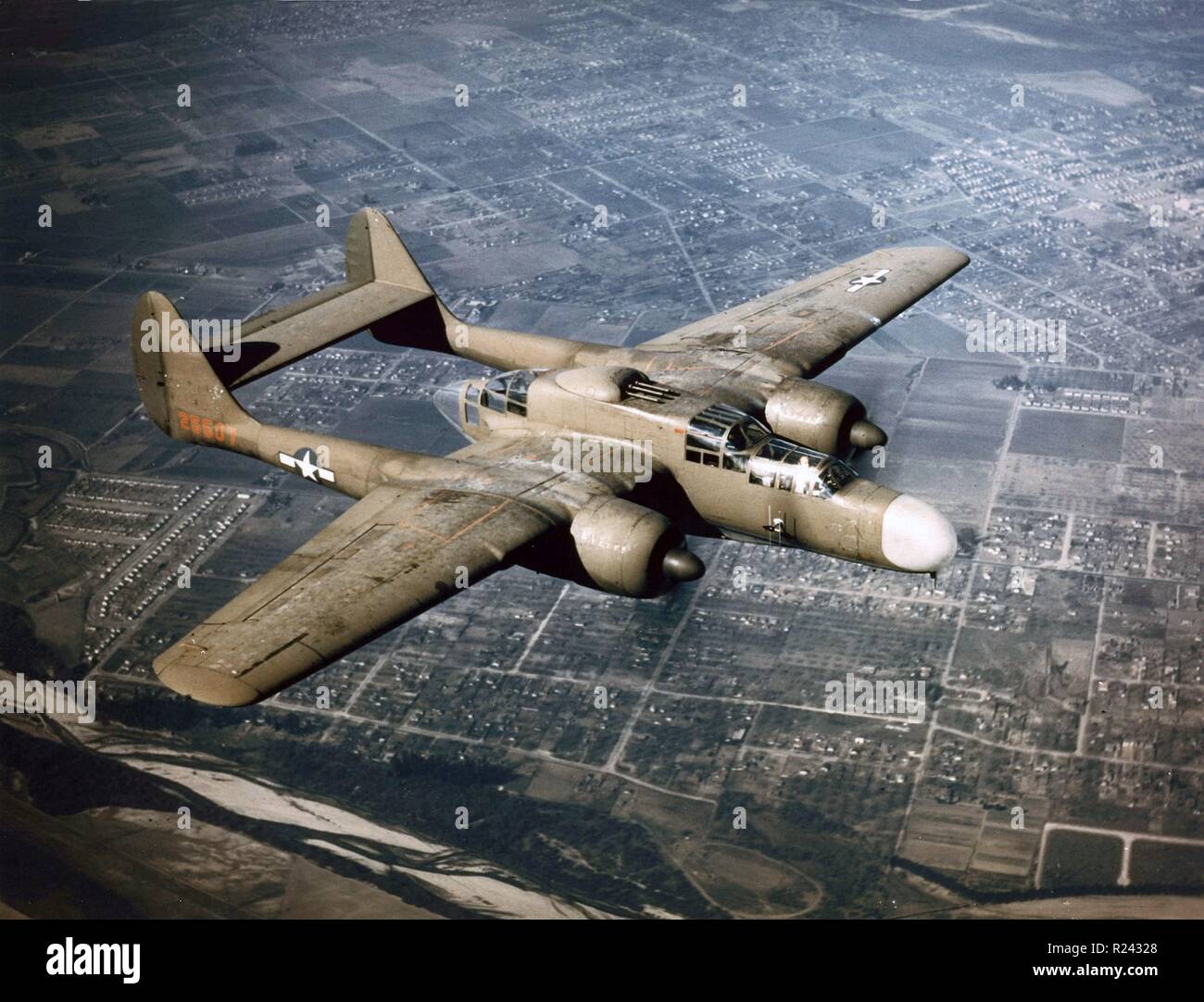 P-61 Black Widow of US Air Force 419th Night Fighter Squadron in flight, circa 1944 Stock Photo