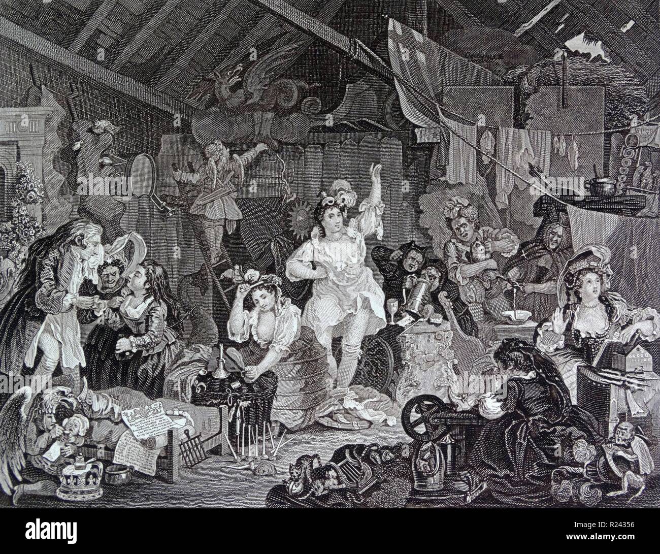 Engraving by British artist & engraver, William Hogarth 1697-1764: Strolling Actresses Dressing in a Barn 1738. depicts a company of actresses preparing for their final performance before the troupe is disbanded as a result of the Licensing Act 1737 18th century Stock Photo