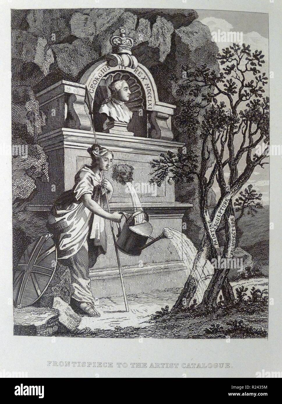 Engraving by British artist & engraver, William Hogarth 1697-1764: Frontispiece to the Catalogue of the Artists' Exhibition in Spring Gardens, 1761 18th century Stock Photo