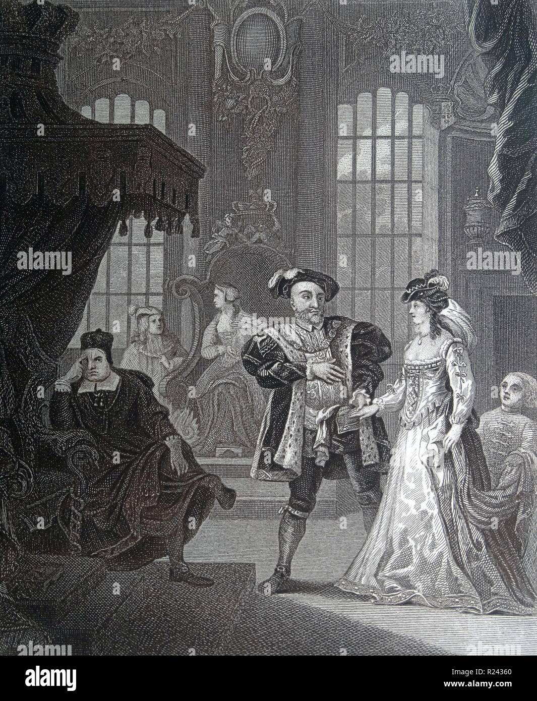 Engraving by British artist & engraver, William Hogarth 1697-1764: King Henry the Eighth & Anna Bullen (Anne Boleyn). Henry confesses the lady-in-waiting of his (1st) wife, Catherine of Aragon, this set back on the throne, his feelings. To the right the almighty cardinal Thomas Wolsey. Engraving by Thomas Cook (c. 1744-1818). Stock Photo