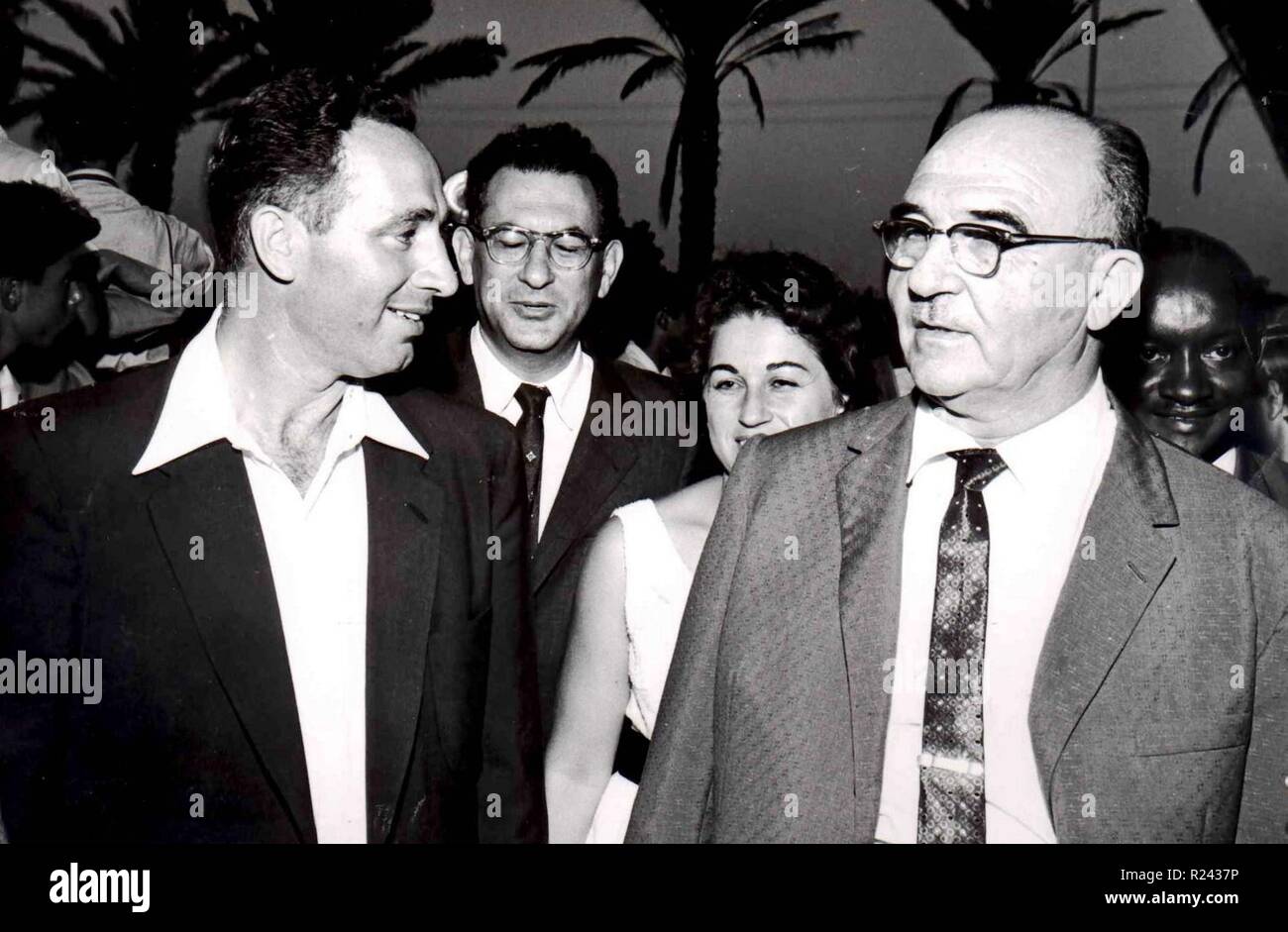 Prime Minister of Israel, Levi Eshkol (Right) with Shimon Peres (later PM and president) 1965 Stock Photo