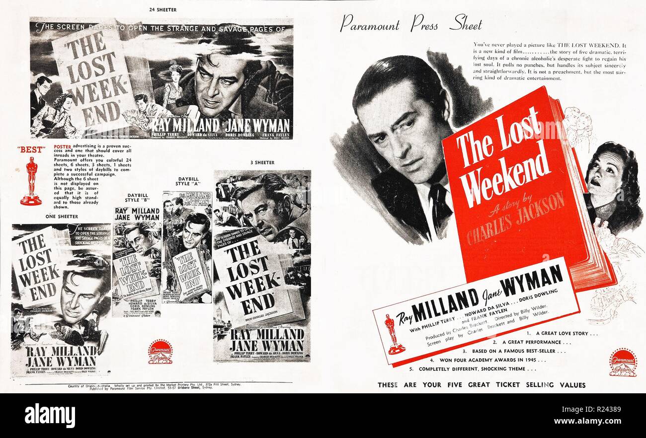 The Lost Weekend is a 1945 American drama film directed by Billy Wilder and starring Ray Milland and Jane Wyman Stock Photo