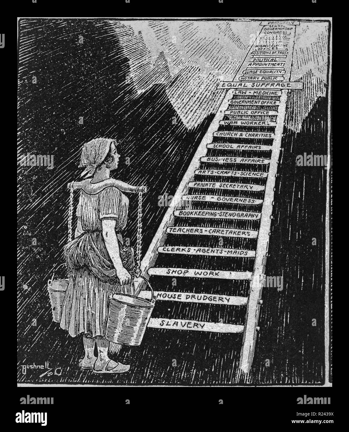 American cartoon of 1920. The sky is now her limit. Cartoon showing a woman carrying buckets on a yoke, looking up at ladder ascending up to the sky, bottom rungs labelled 'Slavery,' 'House Drudgery,' and 'Shop Work.' Top rungs labelled 'Equal Suffrage,' 'Wage Equity,' and 'Presidency.' 1920 Stock Photo