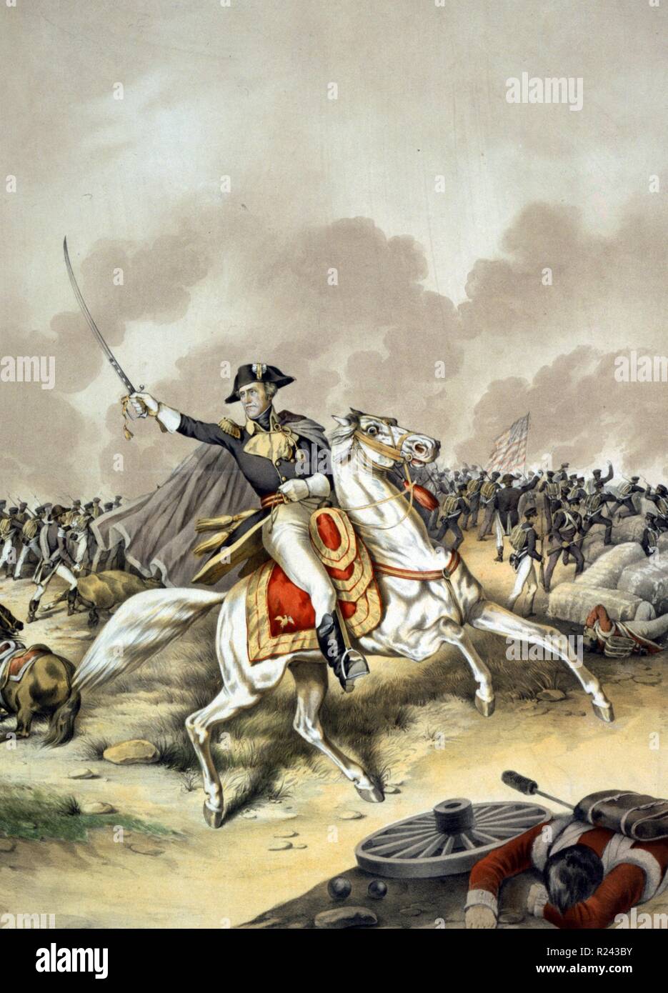 Photomechanical print depicitng the Battle of New Orleans with President Andrew Jackson standing at the front of the American Flag with Sword raised. Dated 1910 Stock Photo