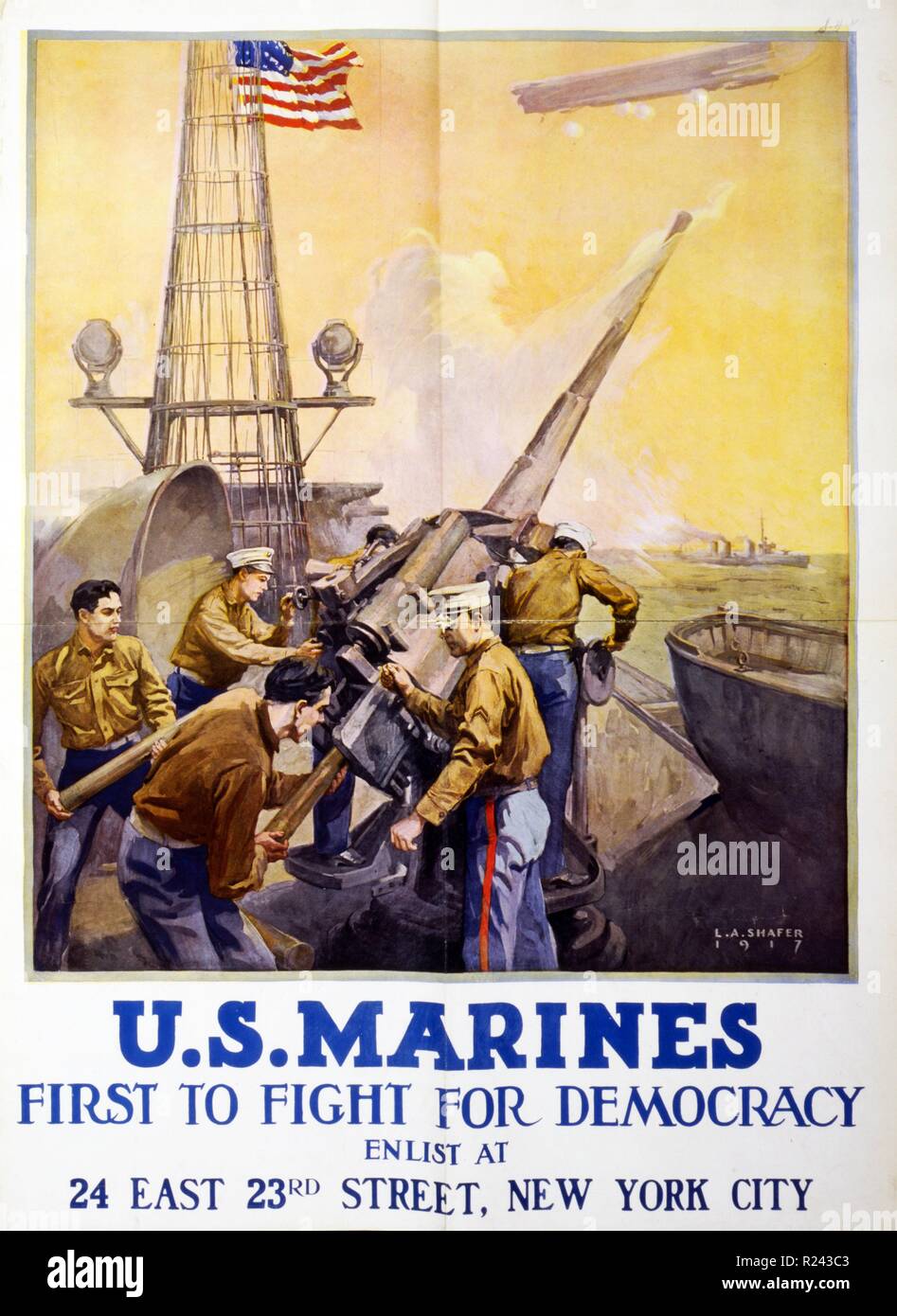 U.S. Marines recruitment poster showing marines firing artillery from a ship. Dated 1917 Stock Photo