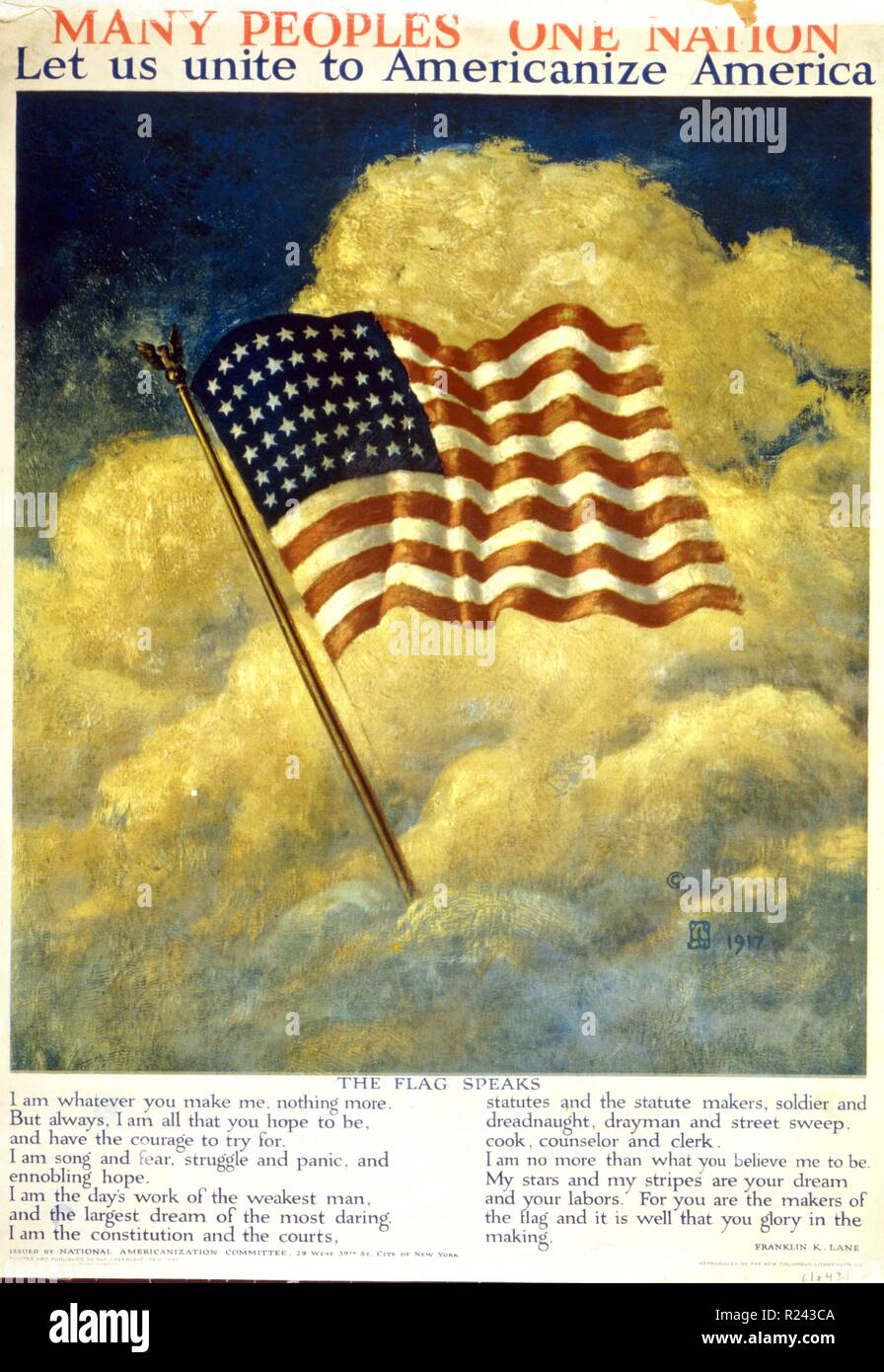 Poster showing the American flag waving among clouds. Created by Ray Greenlead. Dated 1917 Stock Photo