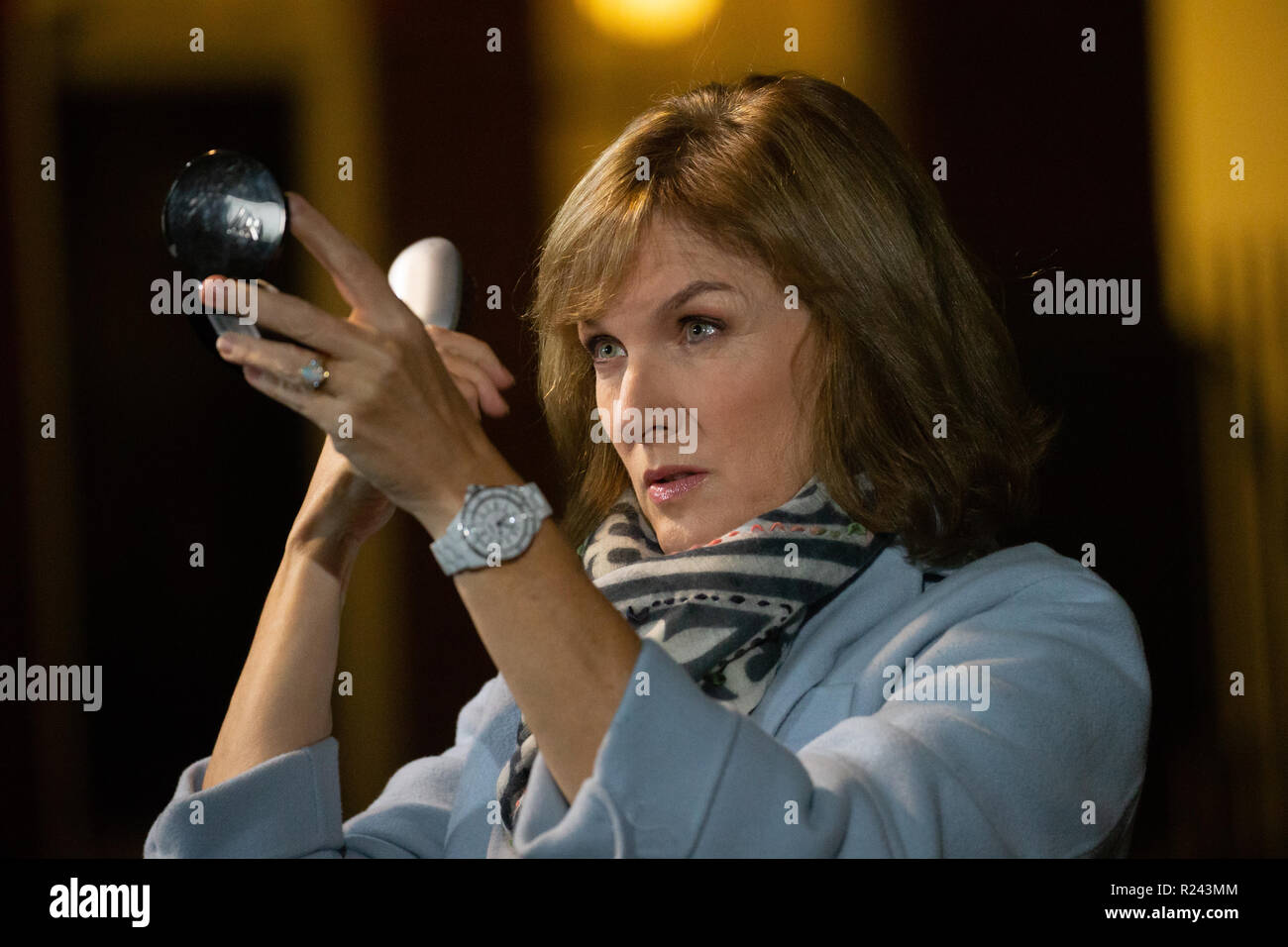 Journalist, newsreader and television presenter, Fiona Bruce, reporting for the BBC from Downing Street about the latest Brexit developments. Stock Photo