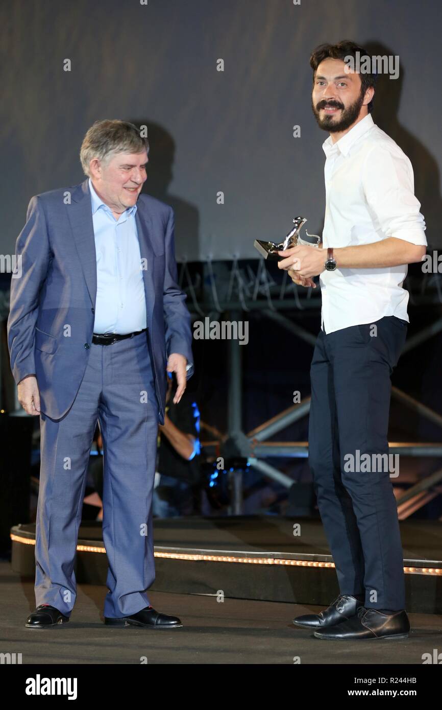 LOCARNO, SWITZERLAND – AUG 11, 2018: Tarık Aktaş wins the Prize for the Best Emerging Director at the 71st Locarno Film Festival (Ph: Mickael Chavet) Stock Photo