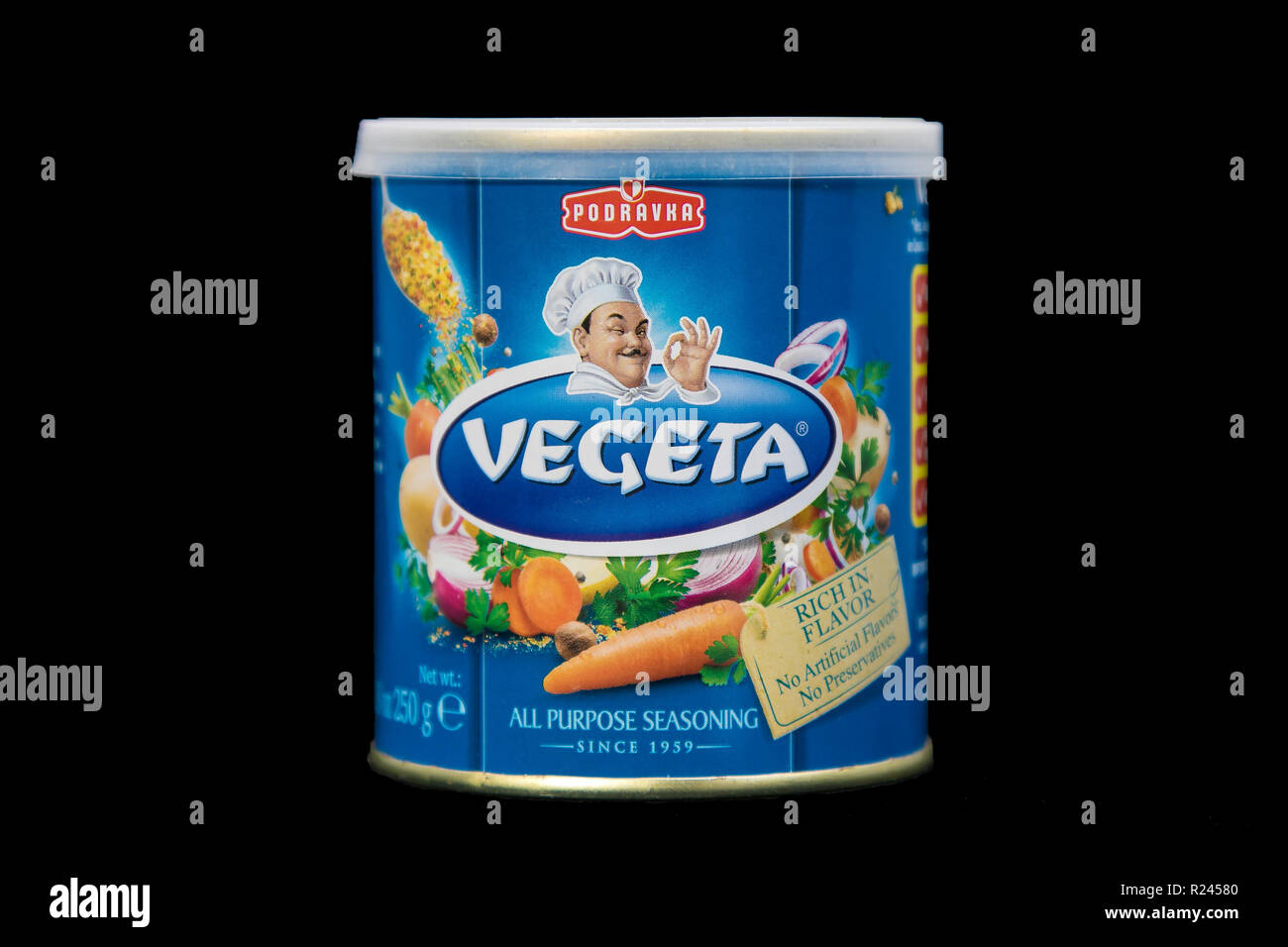 New York, November 12, 2018: Tin of Vegeta seasoning on black background. Stock Photo