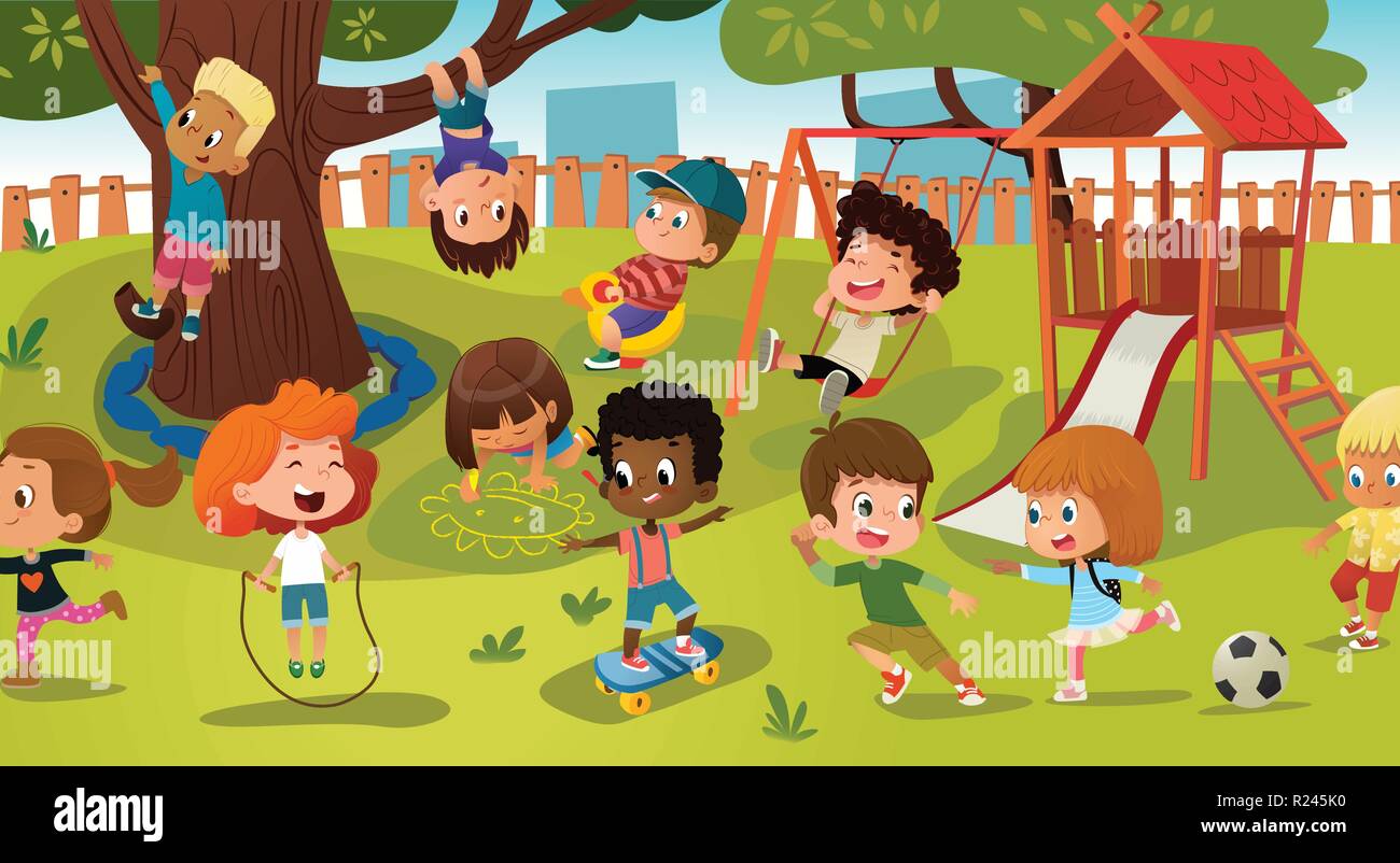 Group of kids playing game on a public park or school playground with with swings, slides, skate, ball, crayons, rope, playing catch-up game. Happy childhood. Modern vector illustration. Clipart. Stock Vector