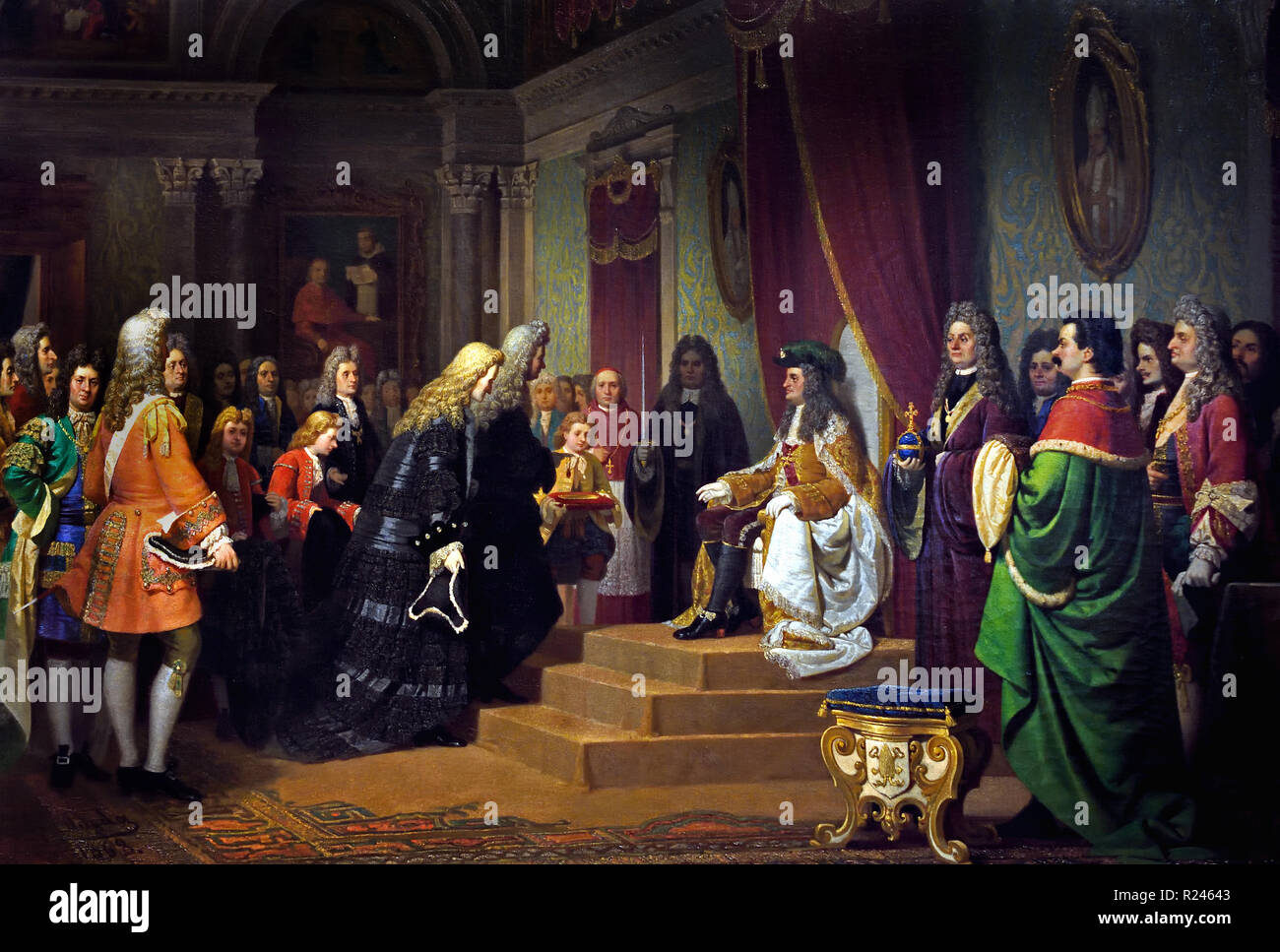 Emperor Charles VI giving an audience to the Venetian ambassadors Pietro Capello and Andrea Corner in Trieste, September 11, 1728, by Francesco Beda (1840-1900). Italy, 19th century Italian ( Charles VI succeeded his elder brother, Joseph I, as Holy Roman Emperor, King of Bohemia, King of Hungary and Croatia, Serbia and Archduke of Austria in 1711.  ) Stock Photo