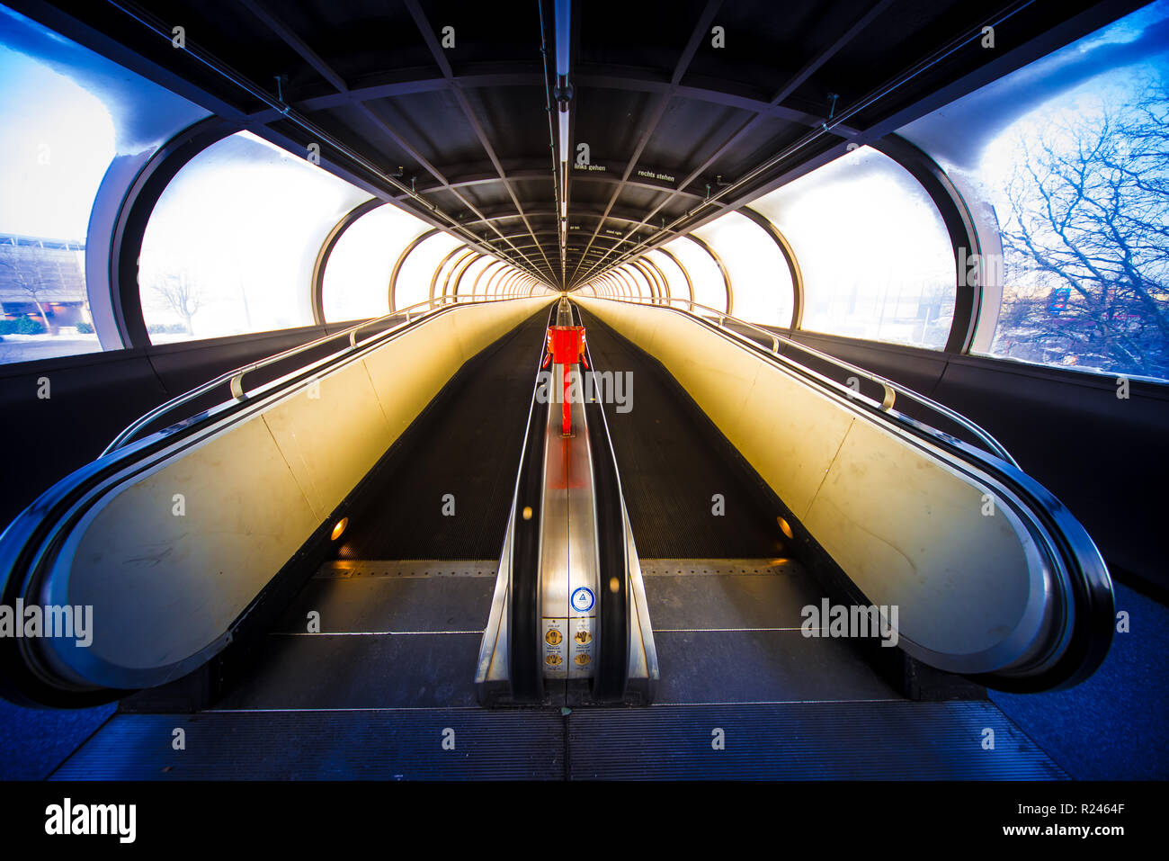 Travelator moving walkway tunnel dynamic perspective, fair Messe Düsseldorf Stock Photo