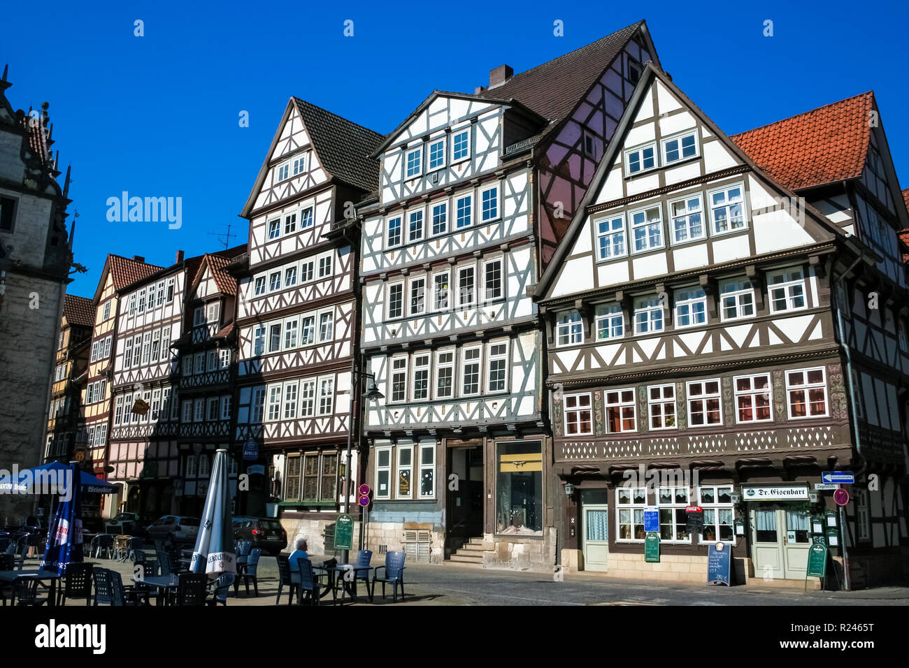 Hann. Münden, Lower Saxony/Germany - May 2008: Lovely view of traditional medieval half-timbered houses at the marketplace. The structural frame of... Stock Photo
