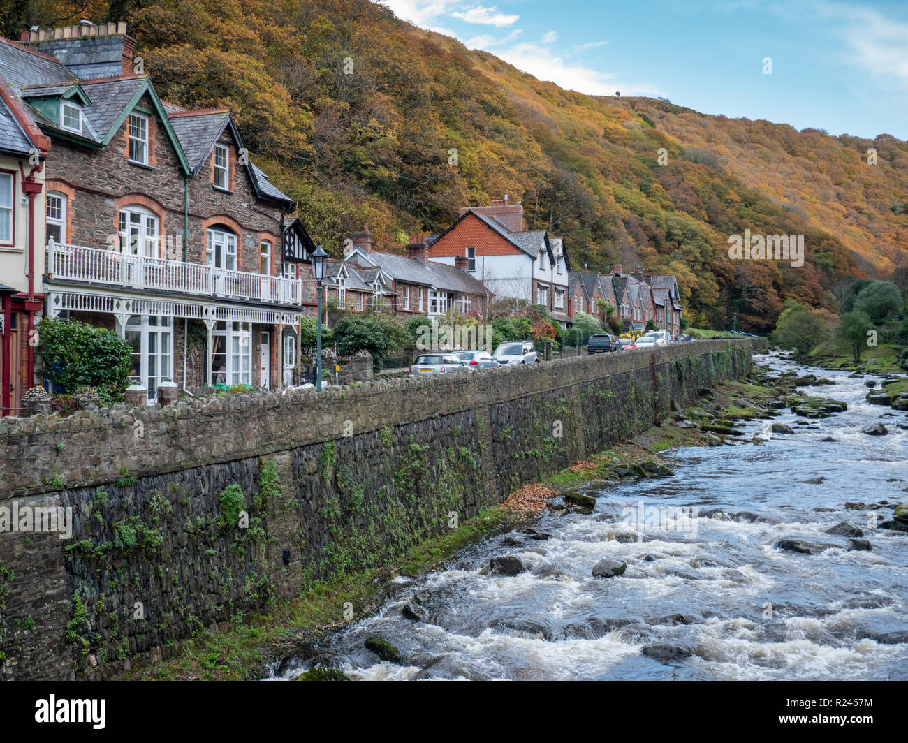 Houses and buildings on the steep valley sides at Lynmouth Devon UK in autumn Stock Photo