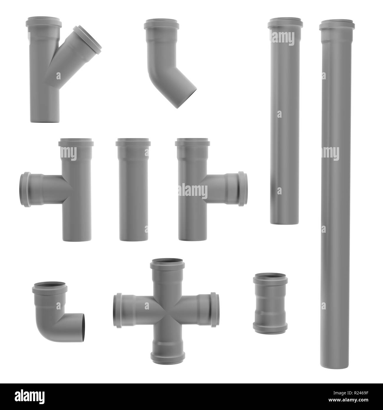 Set of gray PVC sewage pipe fittings shot on white Stock Photo