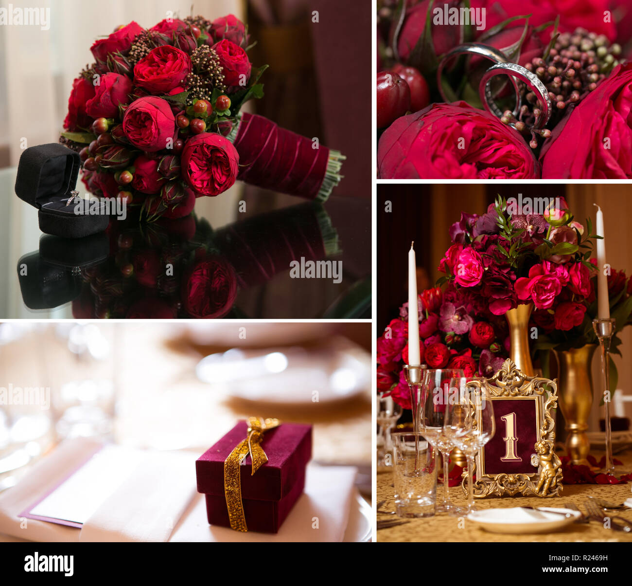 Collage Of Wedding Photos Ring In A Box Of Brand Bridal Bouquet