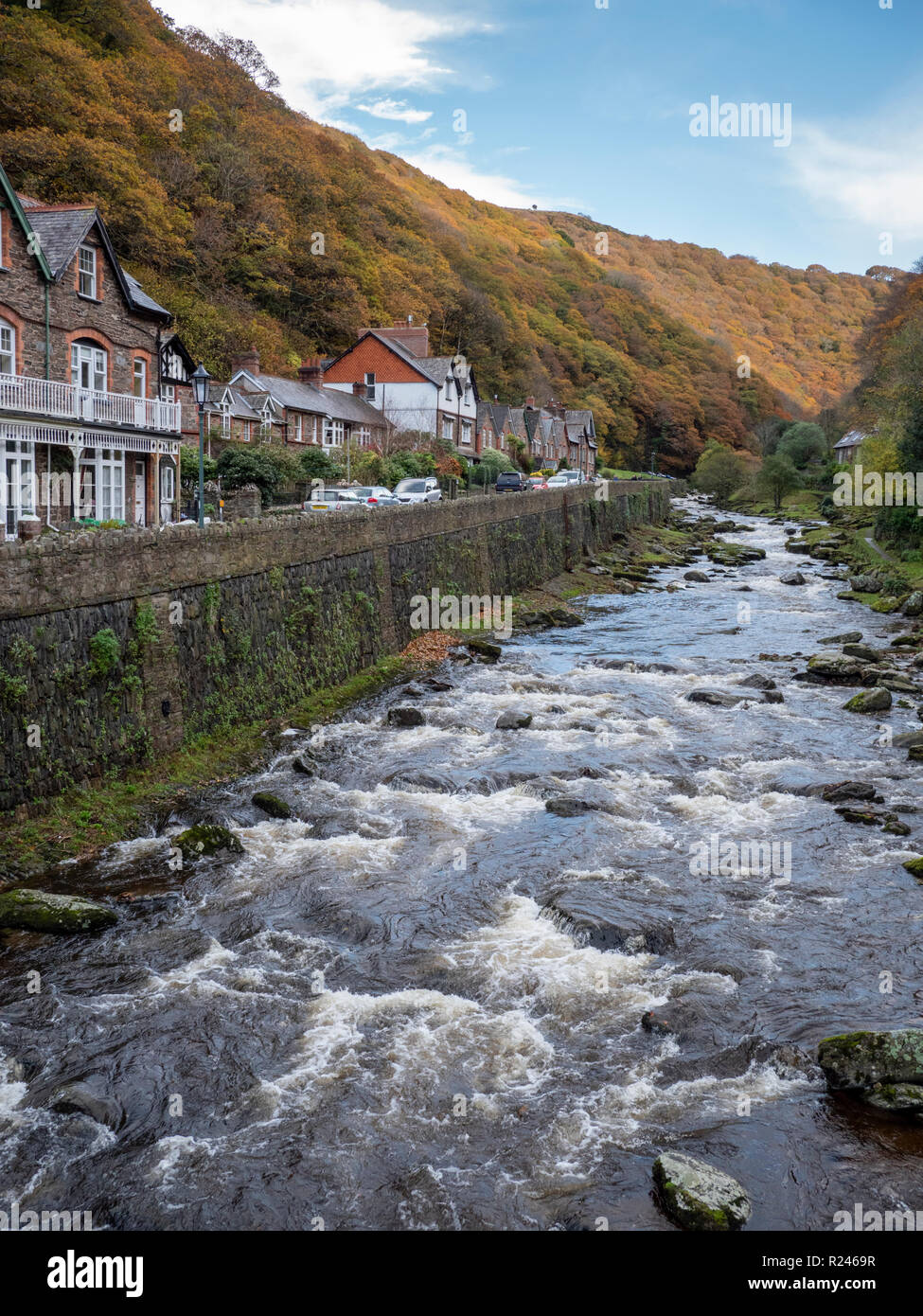 Houses and buildings on the steep valley sides at Lynmouth Devon UK in autumn Stock Photo