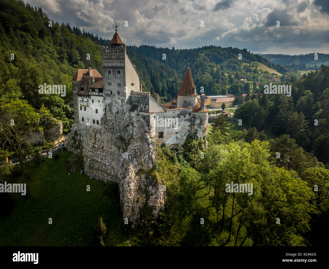 Aerial panorama of Dracula castle at Bran, Transylvania, Romania widely ...