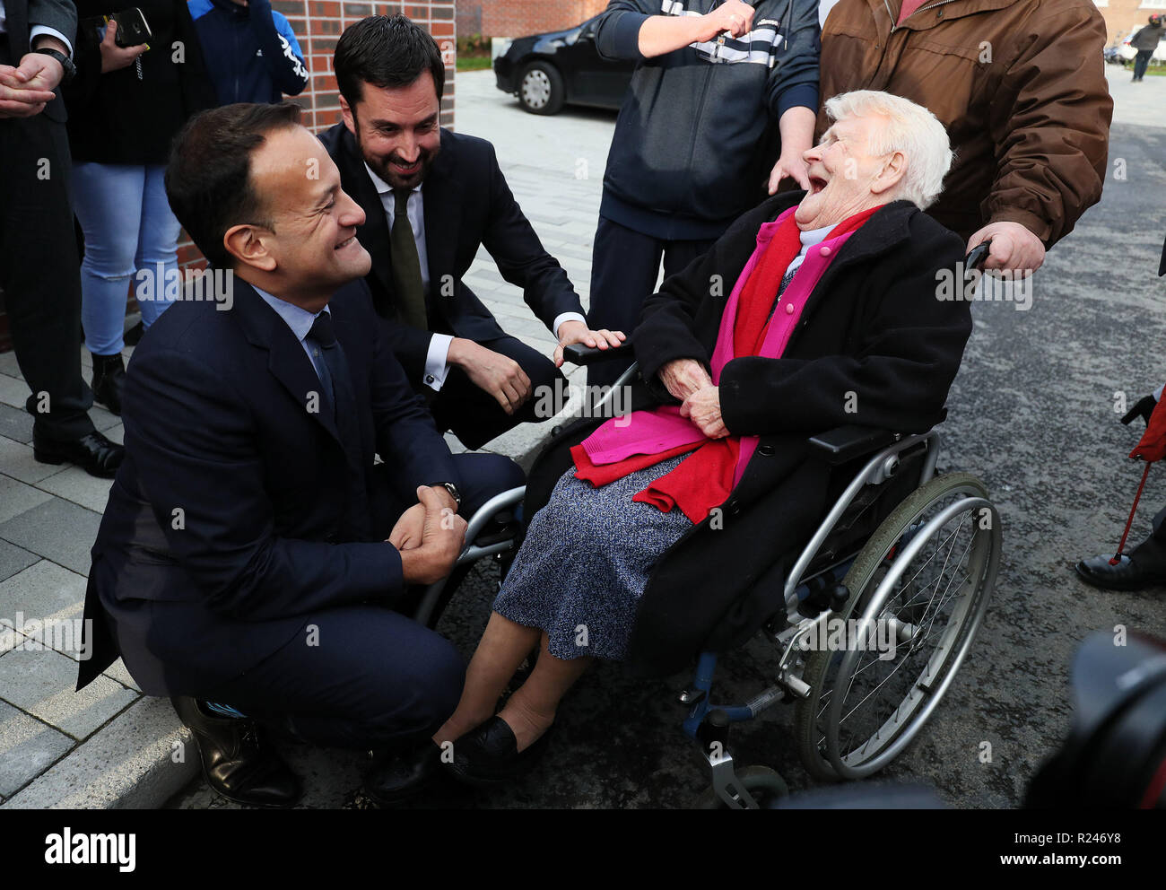 Taoiseach Leo Varadkar (left) and Housing Minister Eoghan Murphy with Anne Cooke, resident of Dolphin House for 64 years, and her daughter Catherine Cooke, at the official opening of phase one of a housing regeneration project at Dolphin House in Dublin. Stock Photo