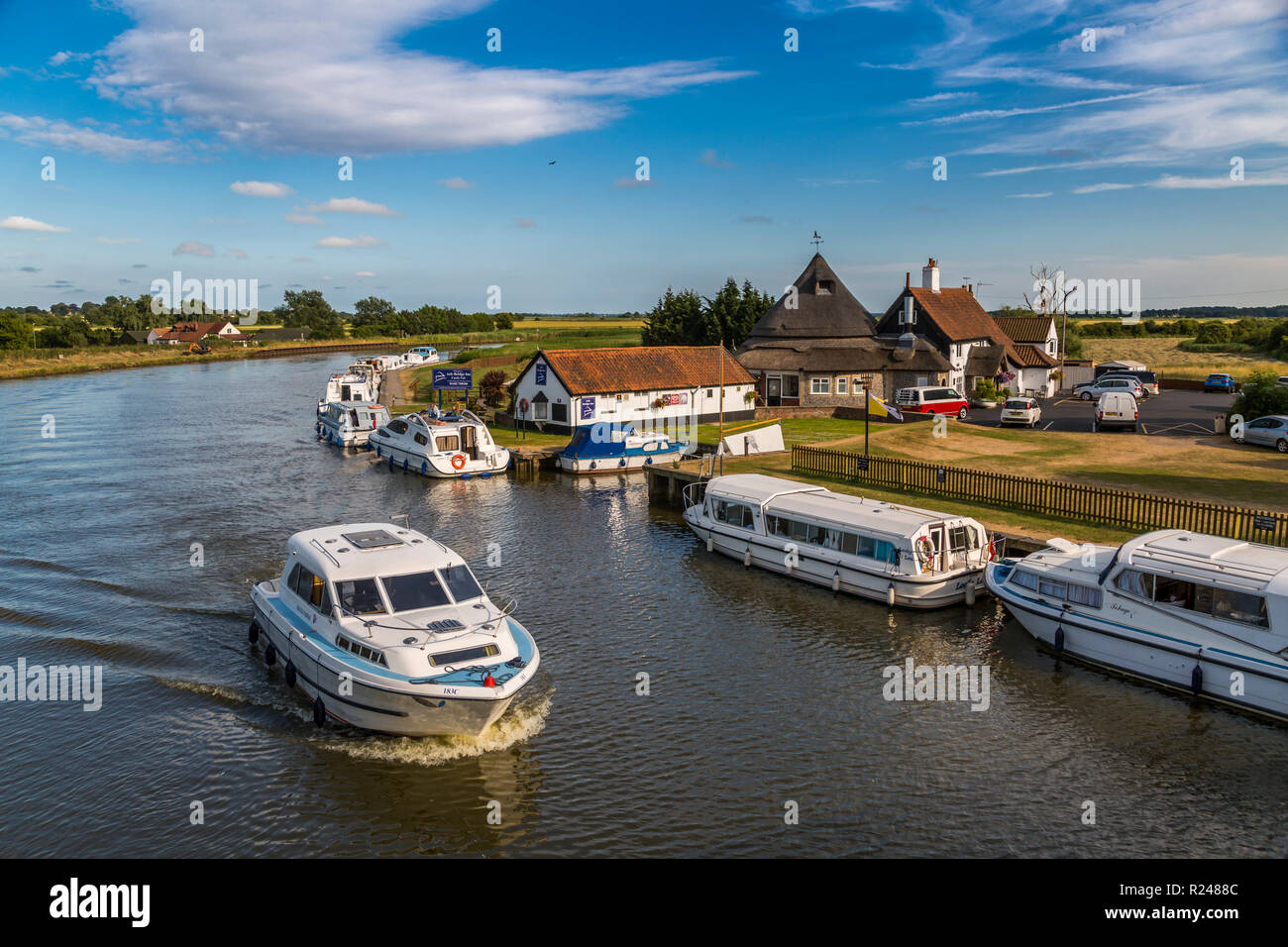 Boats on River Bure at Acle Bridge, Norfolk Broads, Norfolk, England