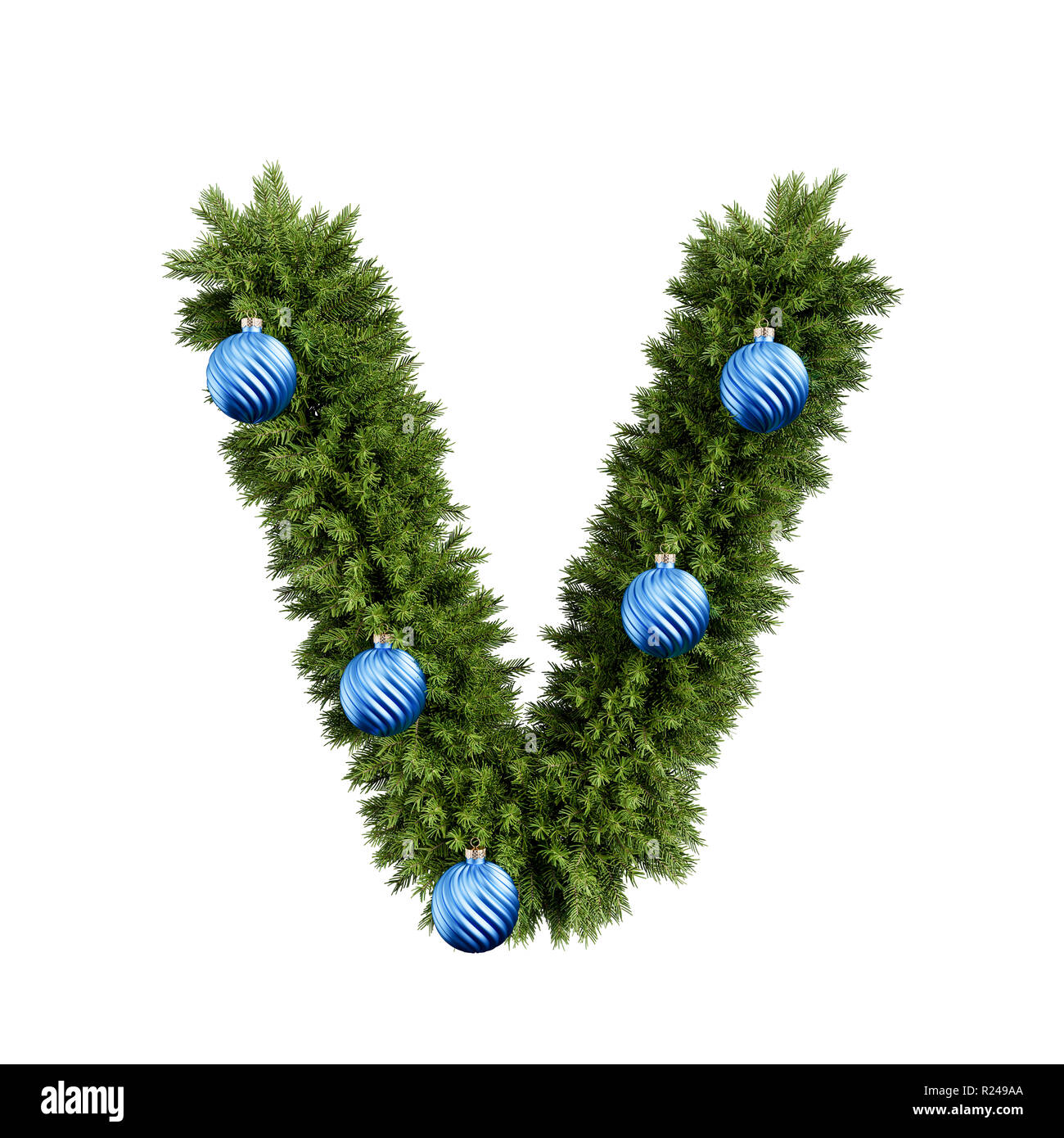 Christmas alphabet ABC character letter V font with Christmas ball. Christmas tree branches capital letters decoration type with Christmas sphere. Hig Stock Photo