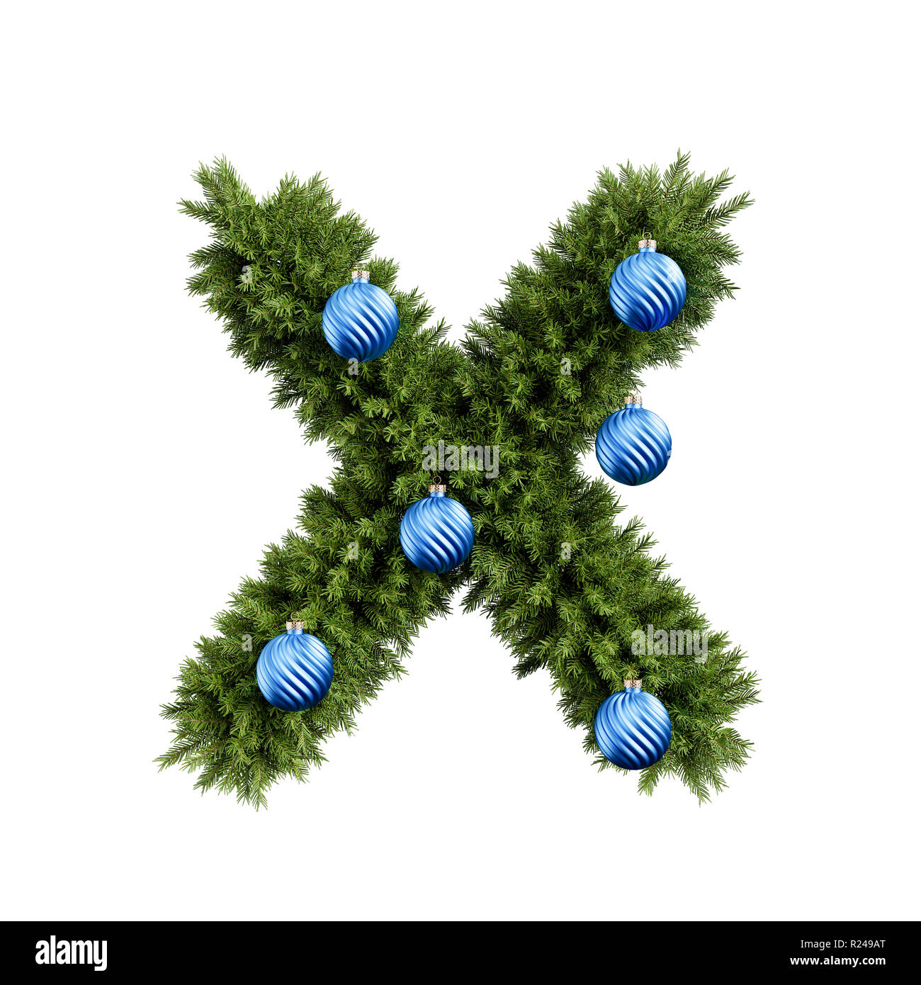 Christmas alphabet ABC character letter X font with Christmas ball. Christmas tree branches capital letters decoration type with Christmas sphere. Hig Stock Photo