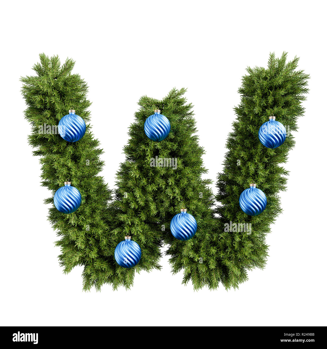 Christmas alphabet ABC character letter W font with Christmas ball. Christmas tree branches capital letters decoration type with Christmas sphere. Hig Stock Photo