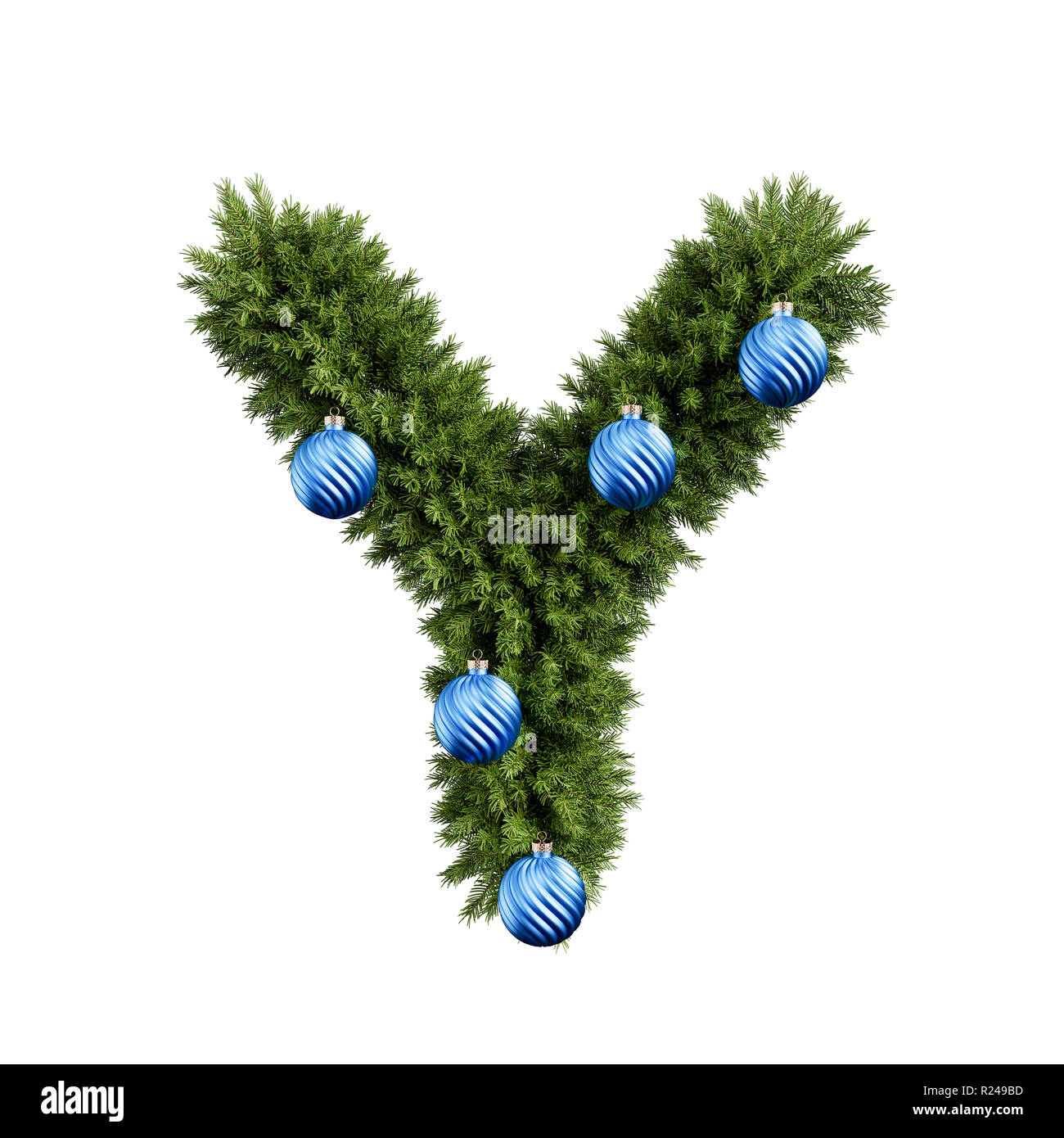 Christmas alphabet ABC character letter Y font with Christmas ball. Christmas tree branches capital letters decoration type with Christmas sphere. Hig Stock Photo