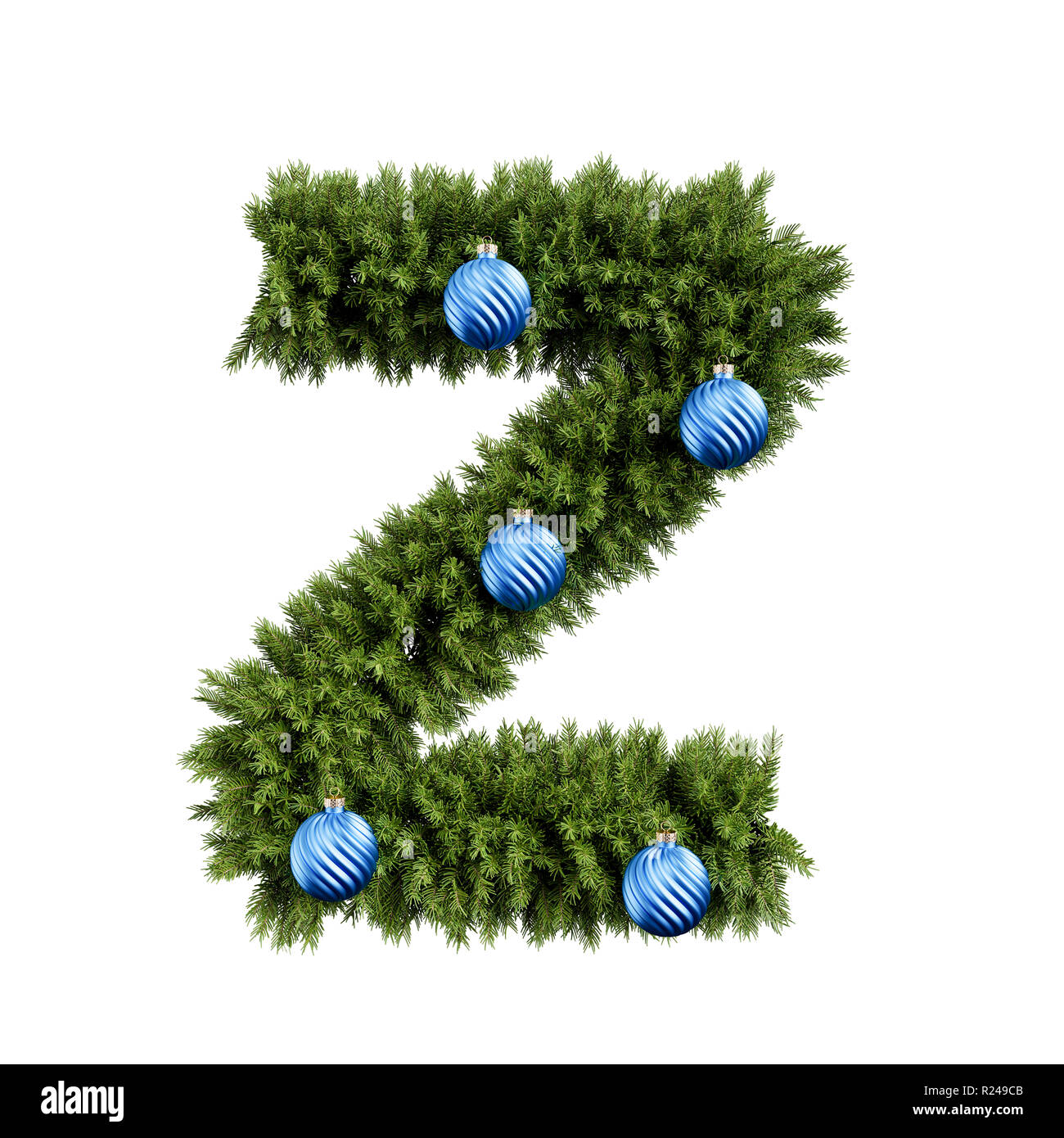 Christmas alphabet ABC character letter Z font with Christmas ball. Christmas tree branches capital letters decoration type with Christmas sphere. Hig Stock Photo