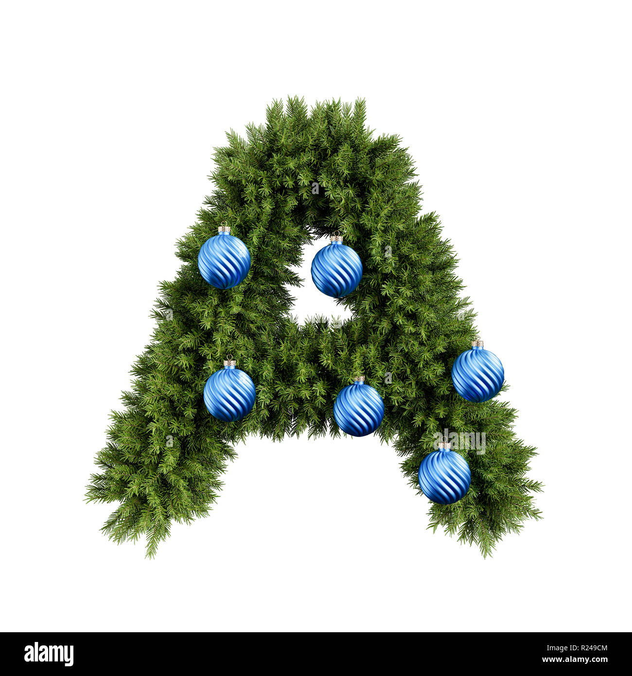 Christmas alphabet ABC character letter A font with Christmas ball. Christmas tree branches capital letters decoration type with Christmas sphere. Hig Stock Photo